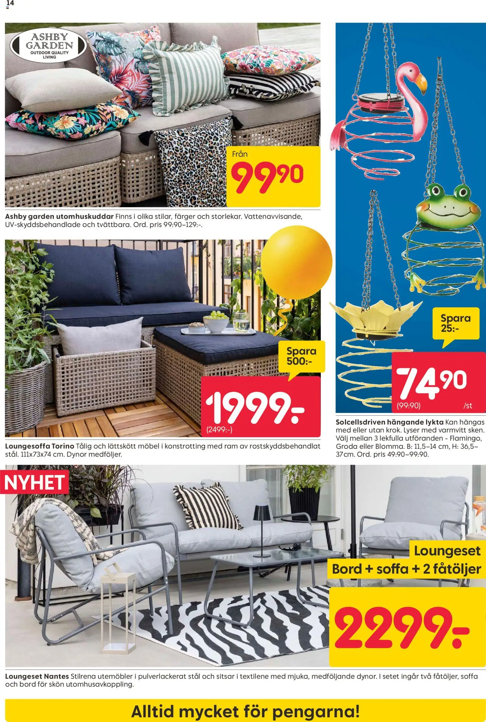 Rusta reklamblad aktuell från 27.04.2026 | Sida: 14 | Produkter: Lykta, Dynor, Soffa, Bord