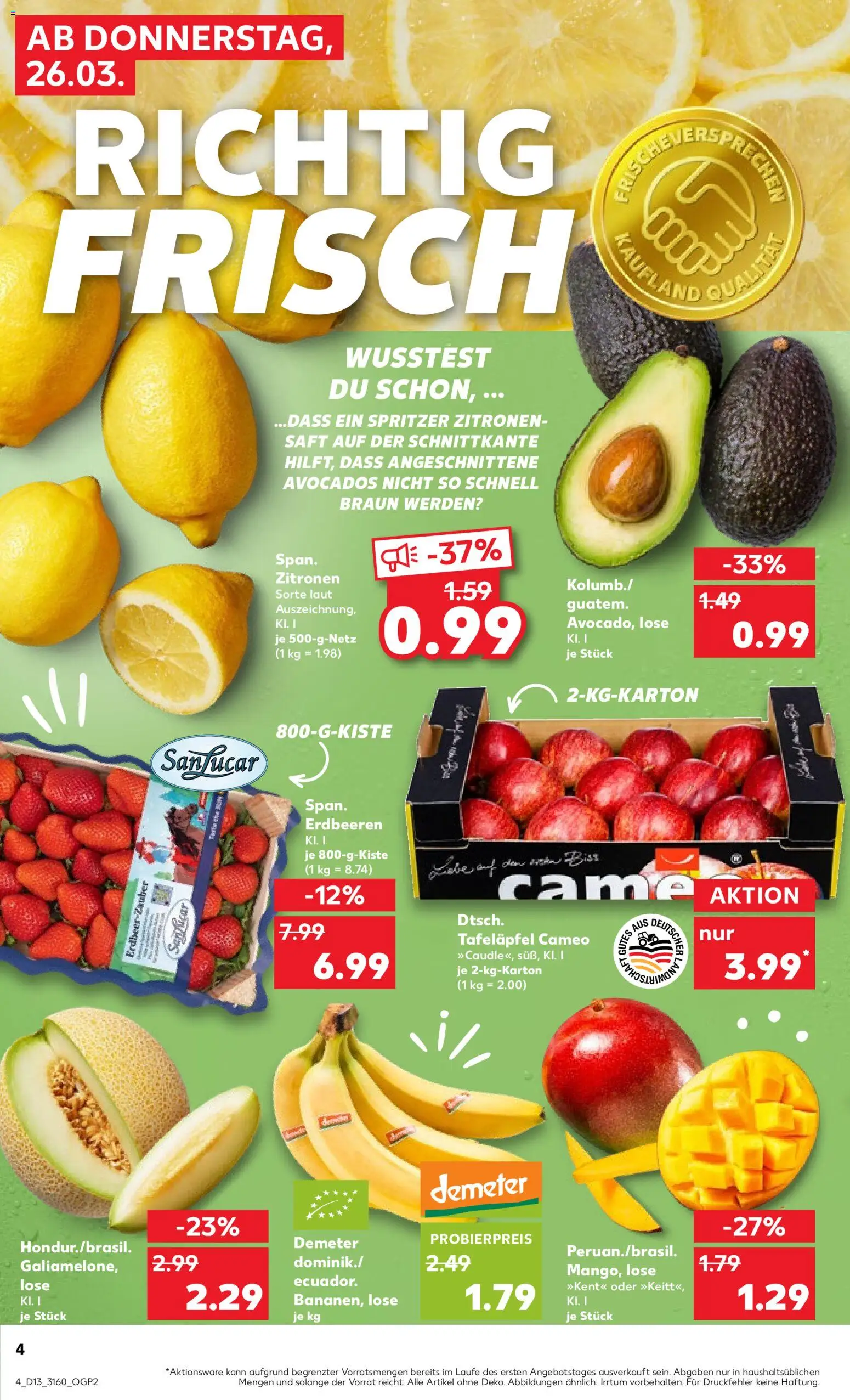 Kaufland Prospekt Frankfurt (Oder)	 – gültig ab 26.03.2026 | Seite: 4 | Produkte: Apple, Avocado, Erdbeeren, Zitronen
