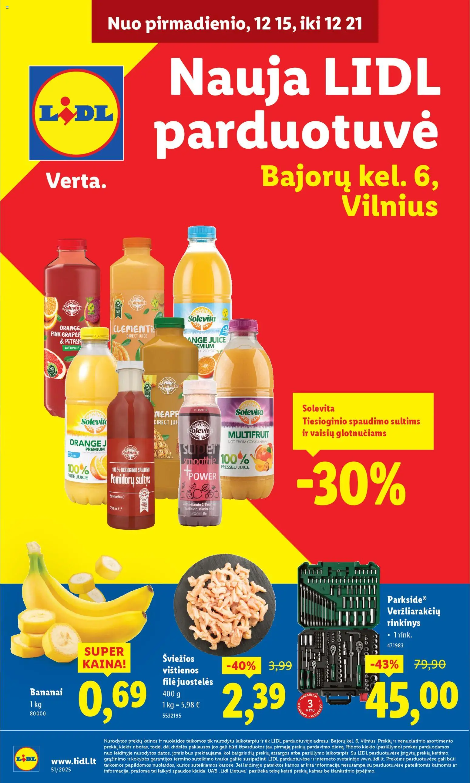 LIDL akcijos nuo 15.12.2025 | Puslapis: 1 | Prekių: Vištienos, Sultys, Bananai