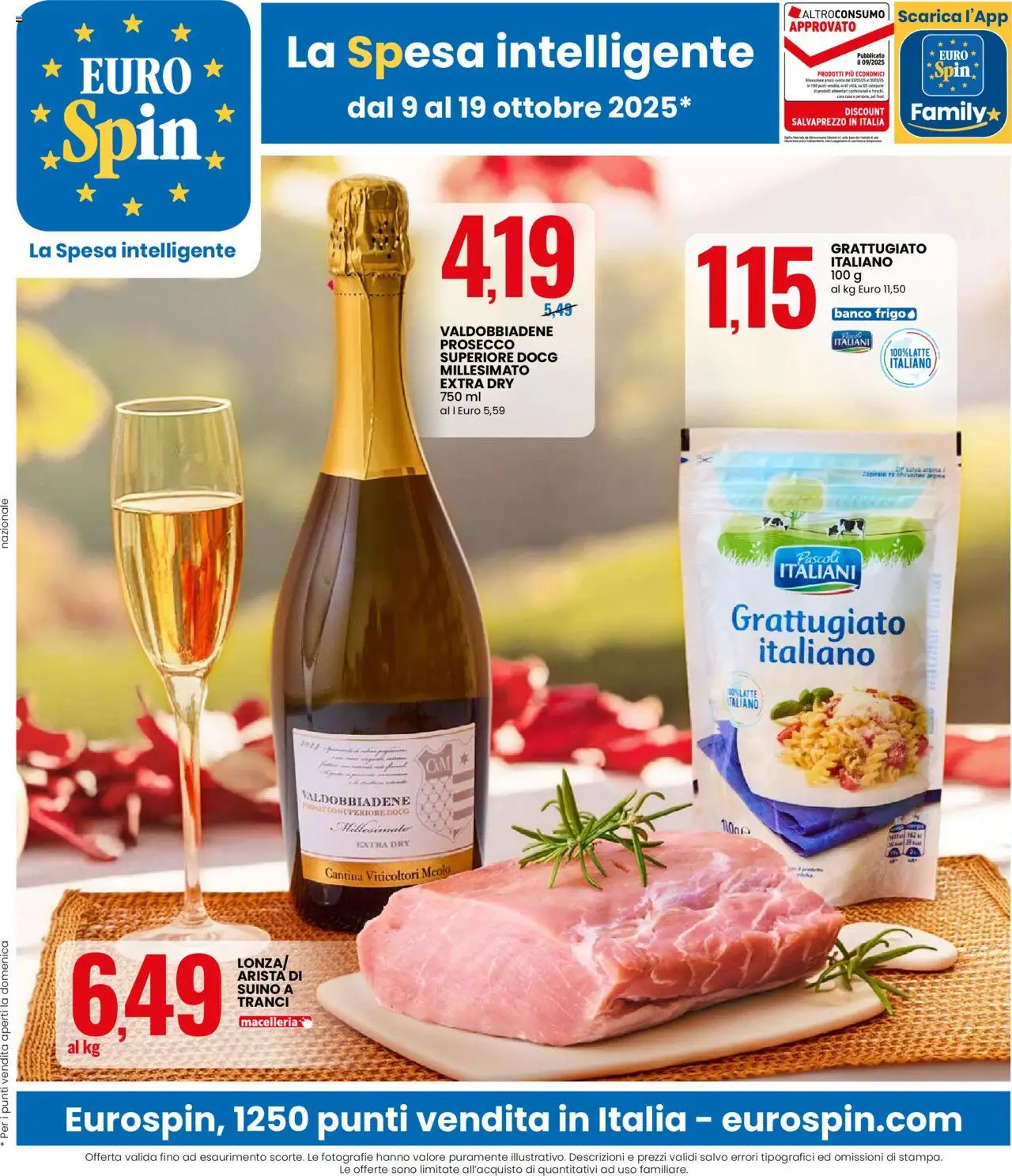 Volantino Eurospin del 09.10.2025 | Pagina: 1 | Prodotti: Prosecco, Suino, Latte, Stampa