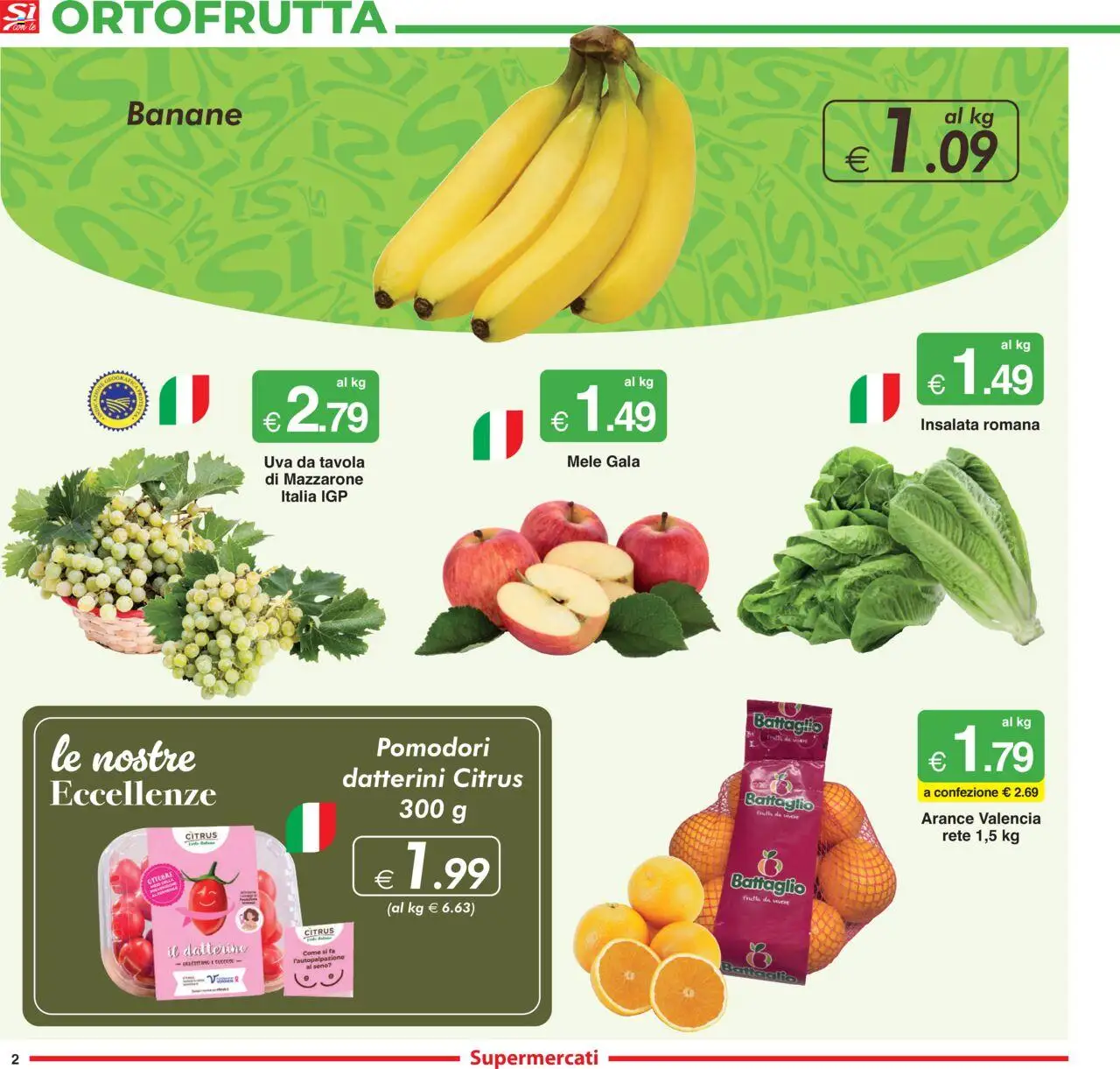 Volantino Sì con Te del 09.10.2025 | Pagina: 2 | Prodotti: Arance, Banane, Frutta, Uva
