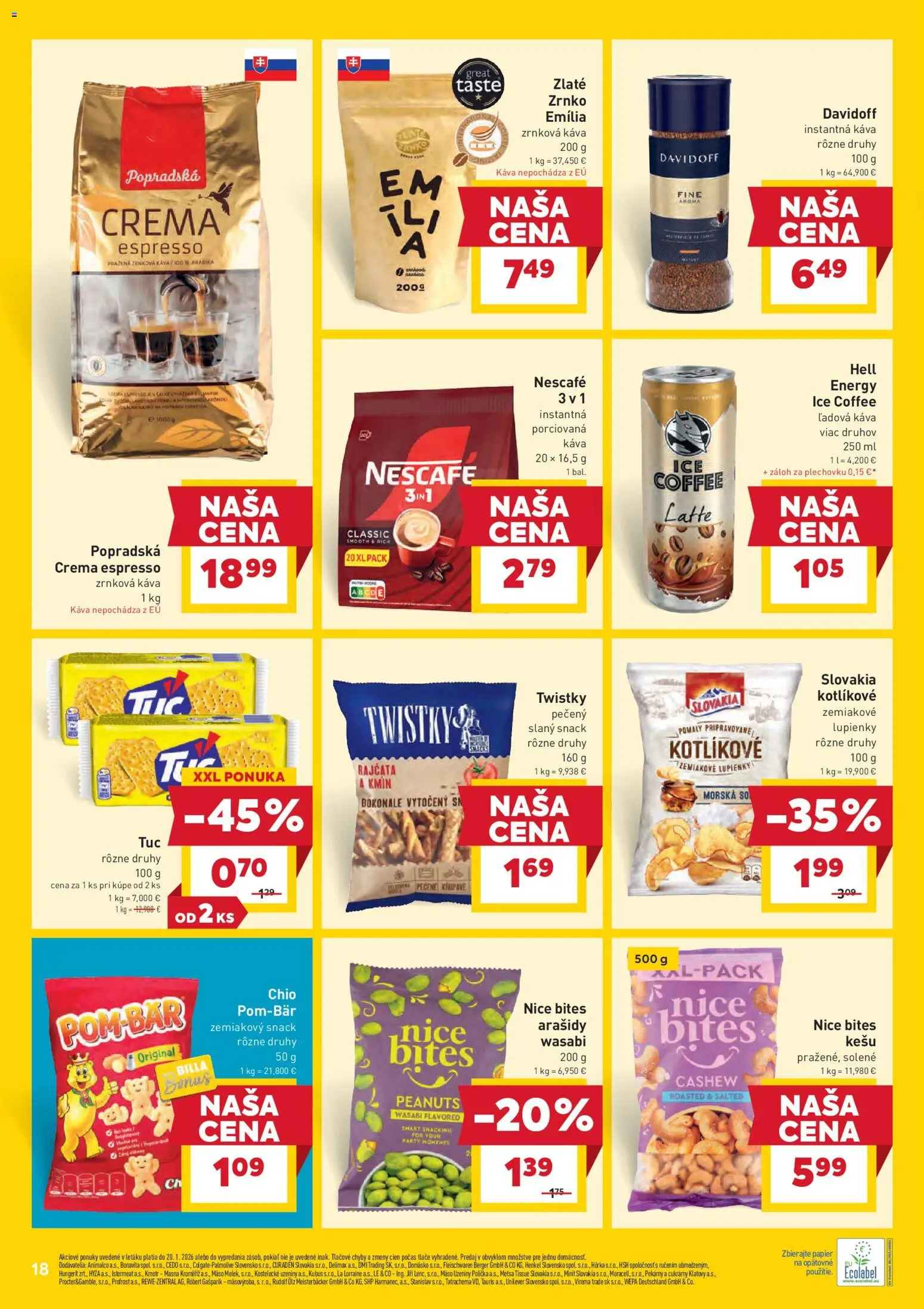 Nové Billa akcie – leták je platný od 14.01.2026 | Strana: 18 | Produkty: Davidoff, Káva, Popradská káva, Zrnková káva