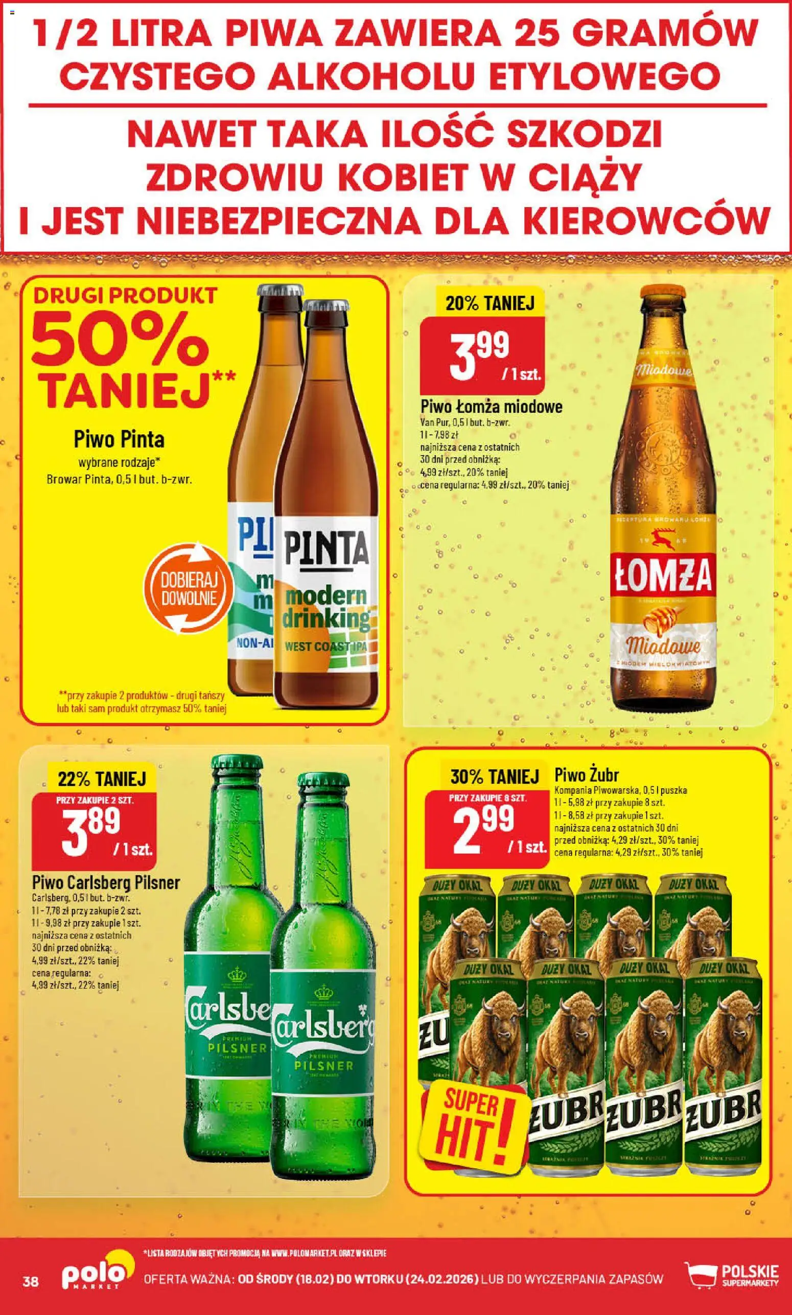 POLOmarket Gazetka od 18.02.2026 | Strona: 38 | Produkty: Piwo żubr, Piwo Carlsberg, Piwo