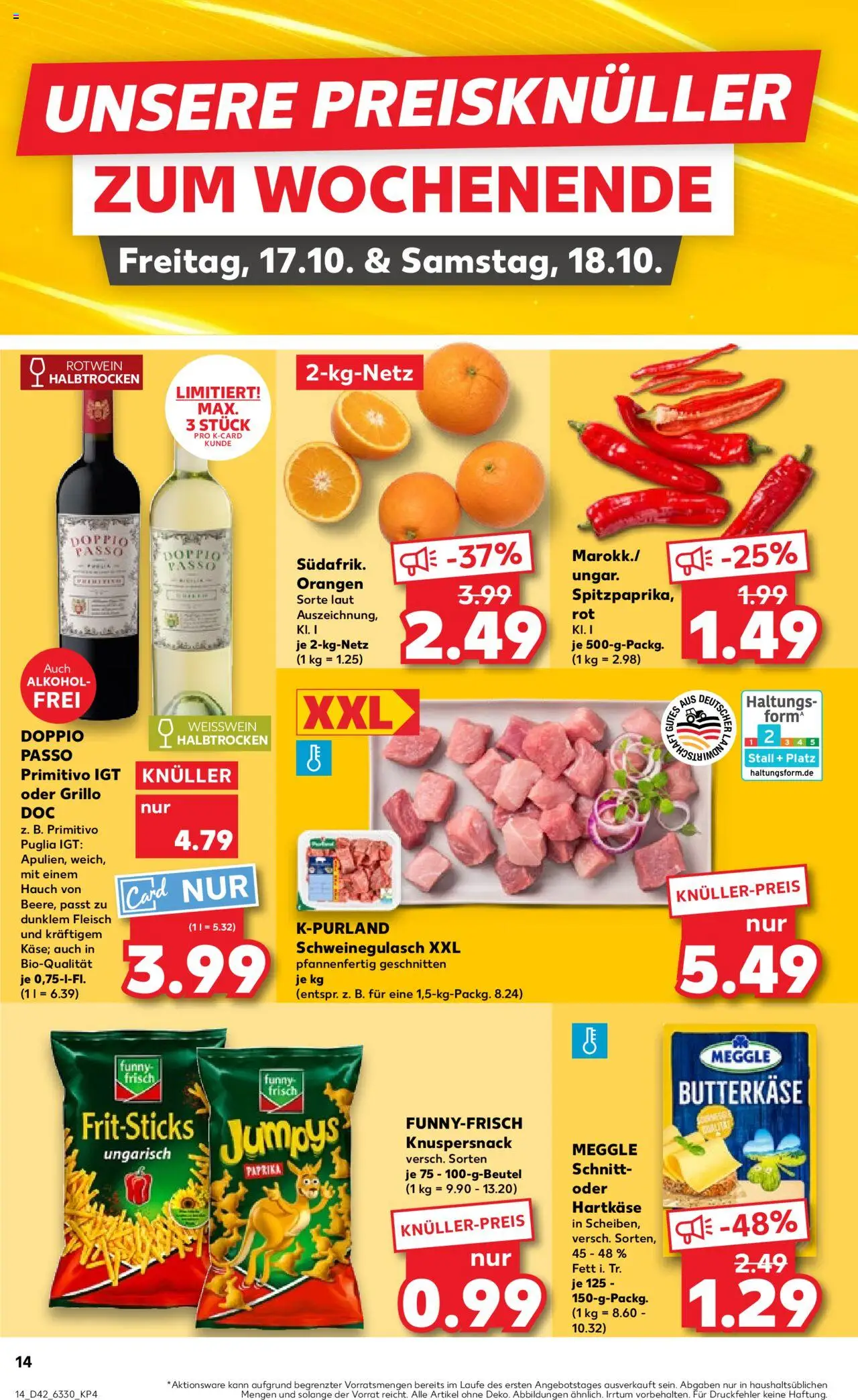 Kaufland prospekt Kiel	 – gültig ab 16.10.2025 | Seite: 14 | Produkte: Rotwein, Rotwein halbtrocken, Orangen, Chips
