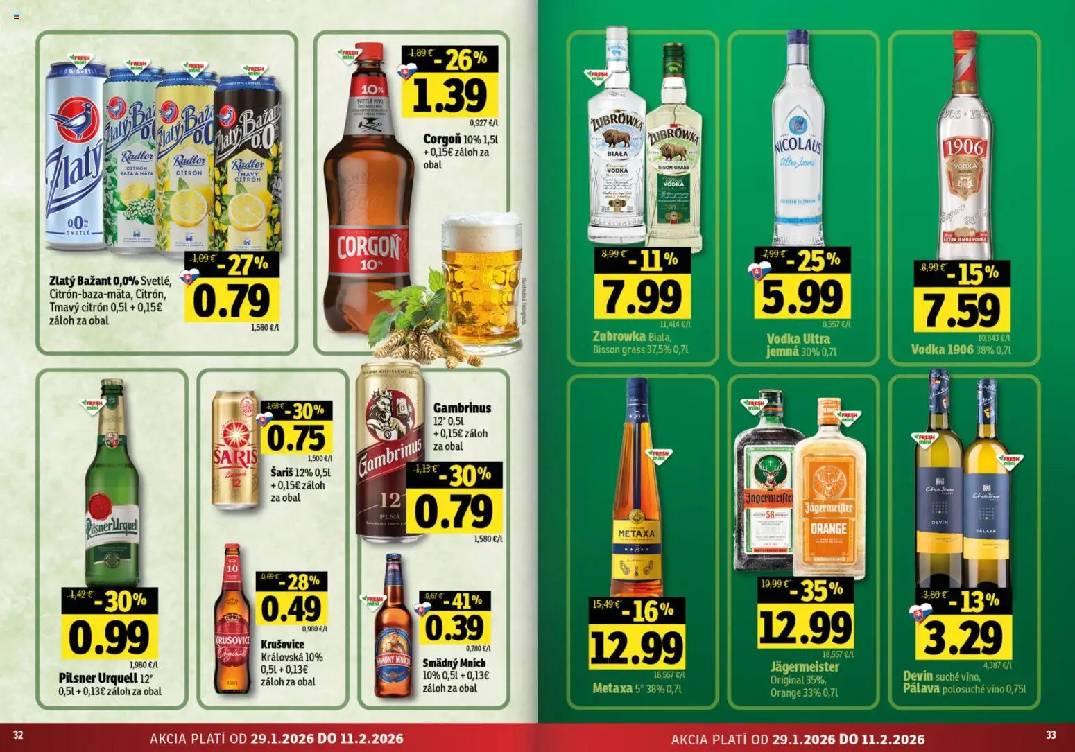 Nové Fresh akcie – leták je platný od 29.01.2026 | Strana: 17 | Produkty: Jägermeister, Šariš, Corgoň, Gambrinus