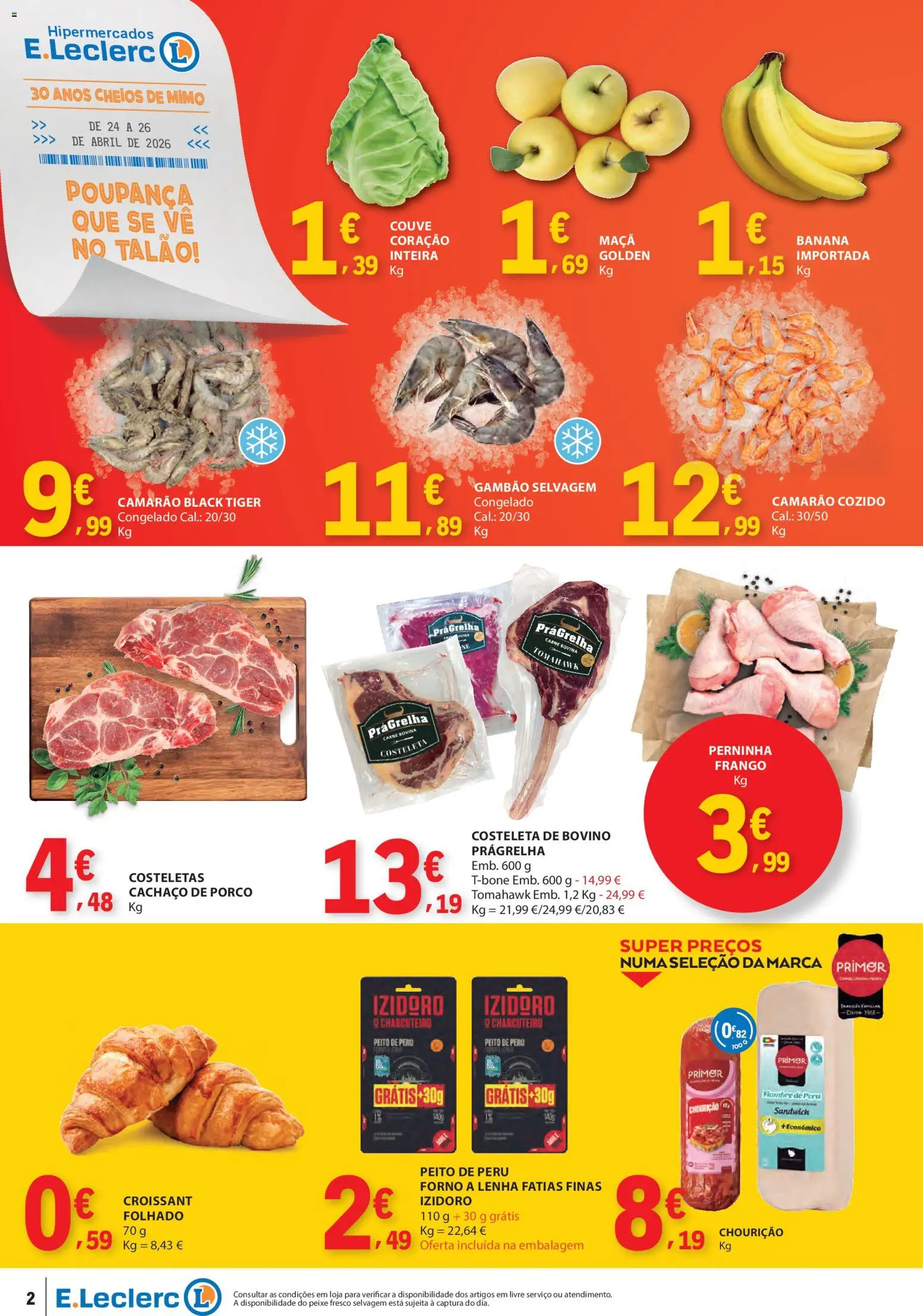 E.Leclerc Catálogo Fim de Semana │ válido de 24.04.2026 | Página: 2 | Produtos: Peito de peru, Frango, Camarão, Maça