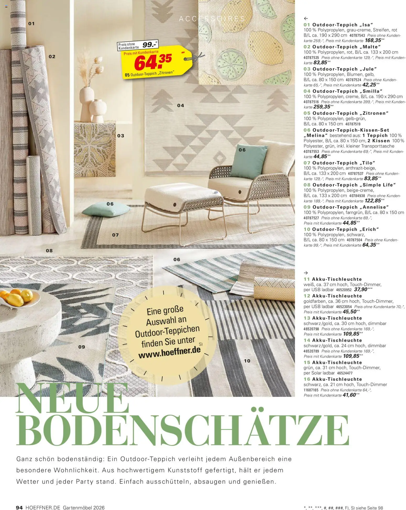 Höffner Prospekt Gartenmöbel – gültig ab 27.03.2026 | Seite: 94 | Produkte: USB, Kissen, Teppich