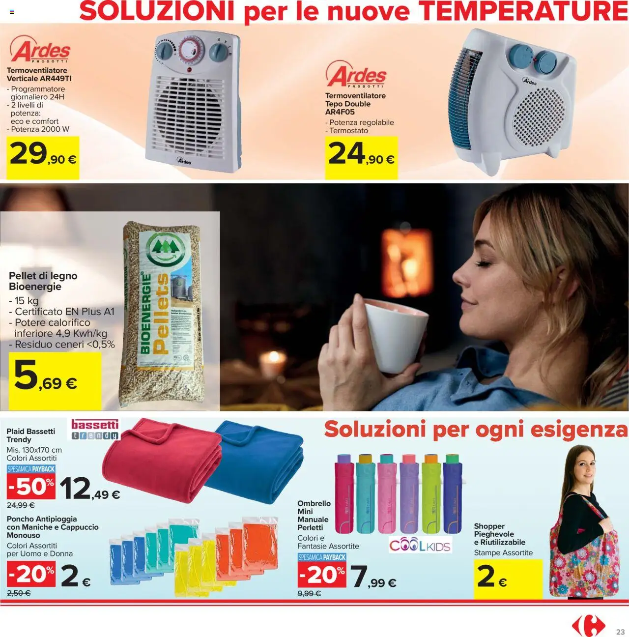 Volantino Carrefour del 20.10.2025 | Pagina: 23 | Prodotti: Plaid, Pellet, Ombrello, Cappuccio