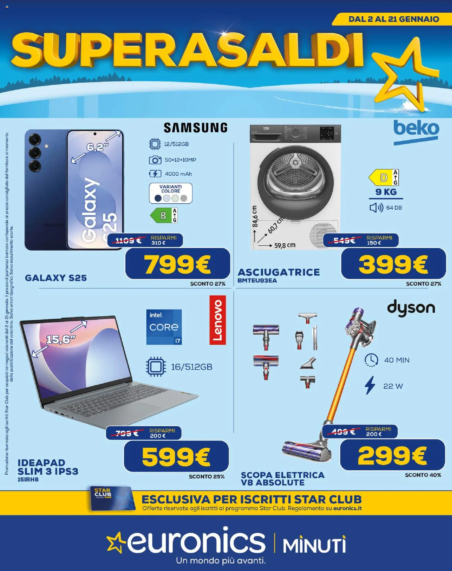 Volantino Euronics del 02.01.2026 | Pagina: 1 | Prodotti: Scopa elettrica, Asciugatrice, Scopa, Dyson