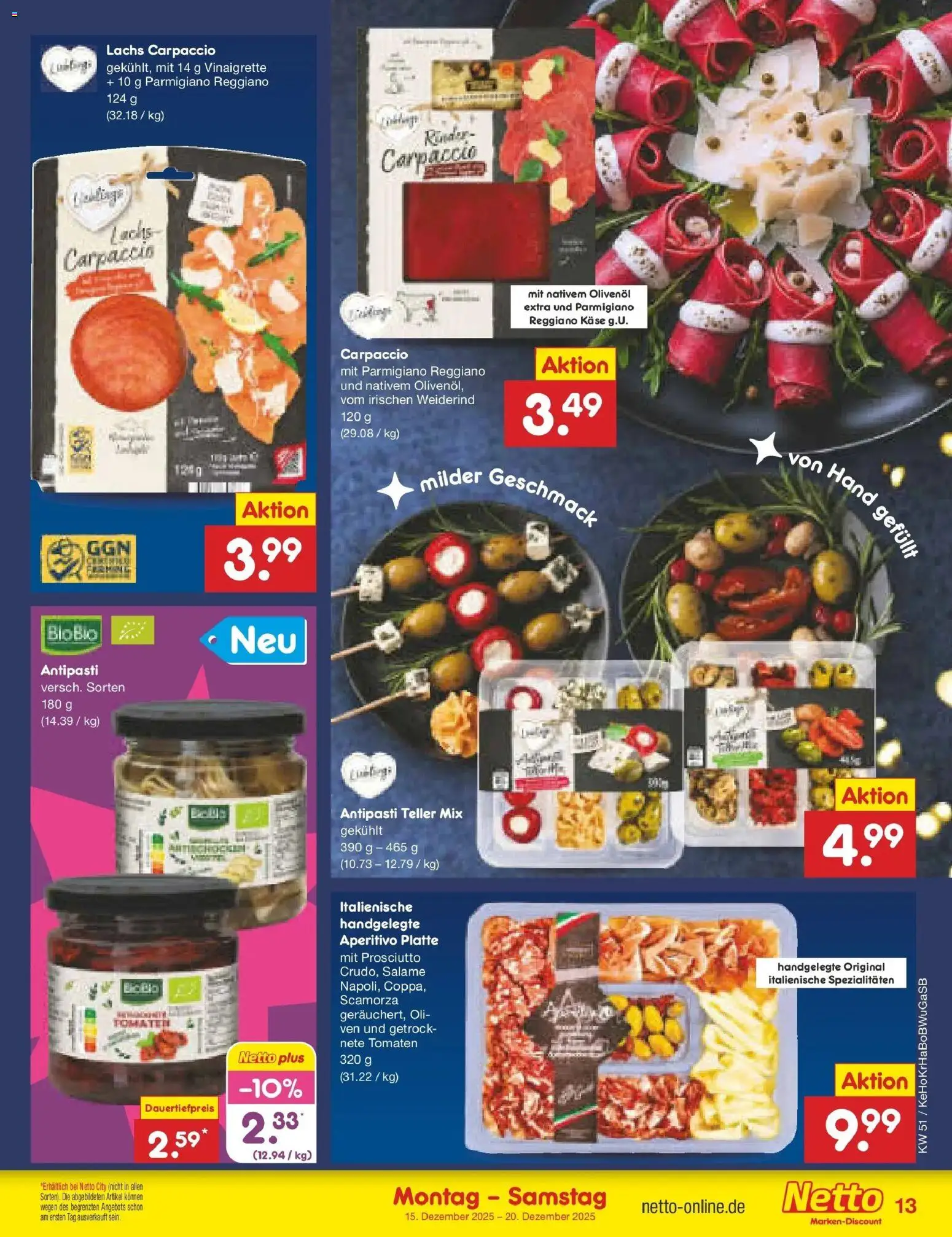 Netto Marken-Discount prospekt Stemwede-Dielingen	 – gültig ab 15.12.2025 | Seite: 13 | Produkte: Käse, Olivenol, Tomaten, Lachs