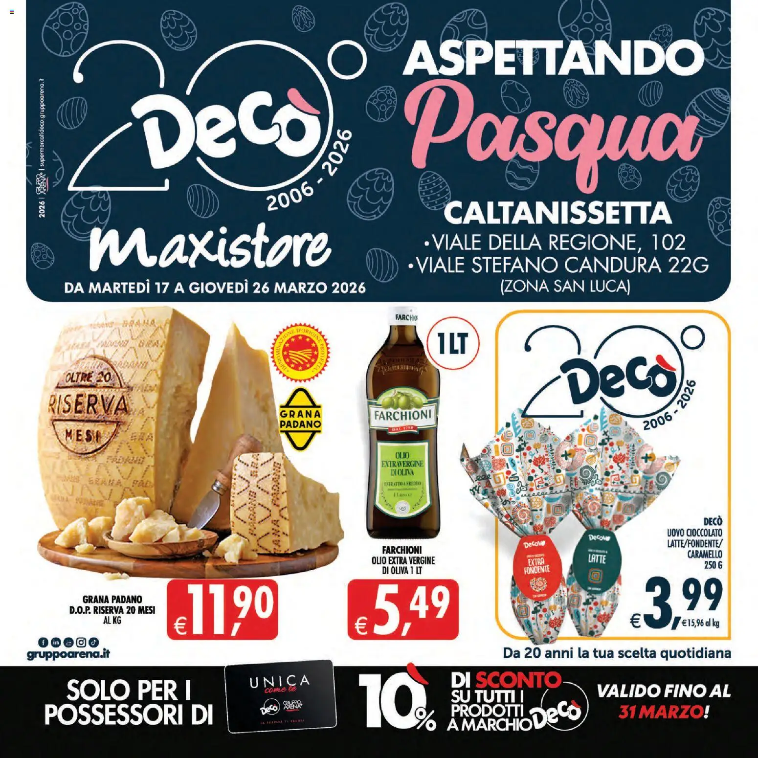 Volantino Decò del 17.03.2026 | Pagina: 1 | Prodotti: Cioccolato, Olio, Grana Padano, Olio extra vergine