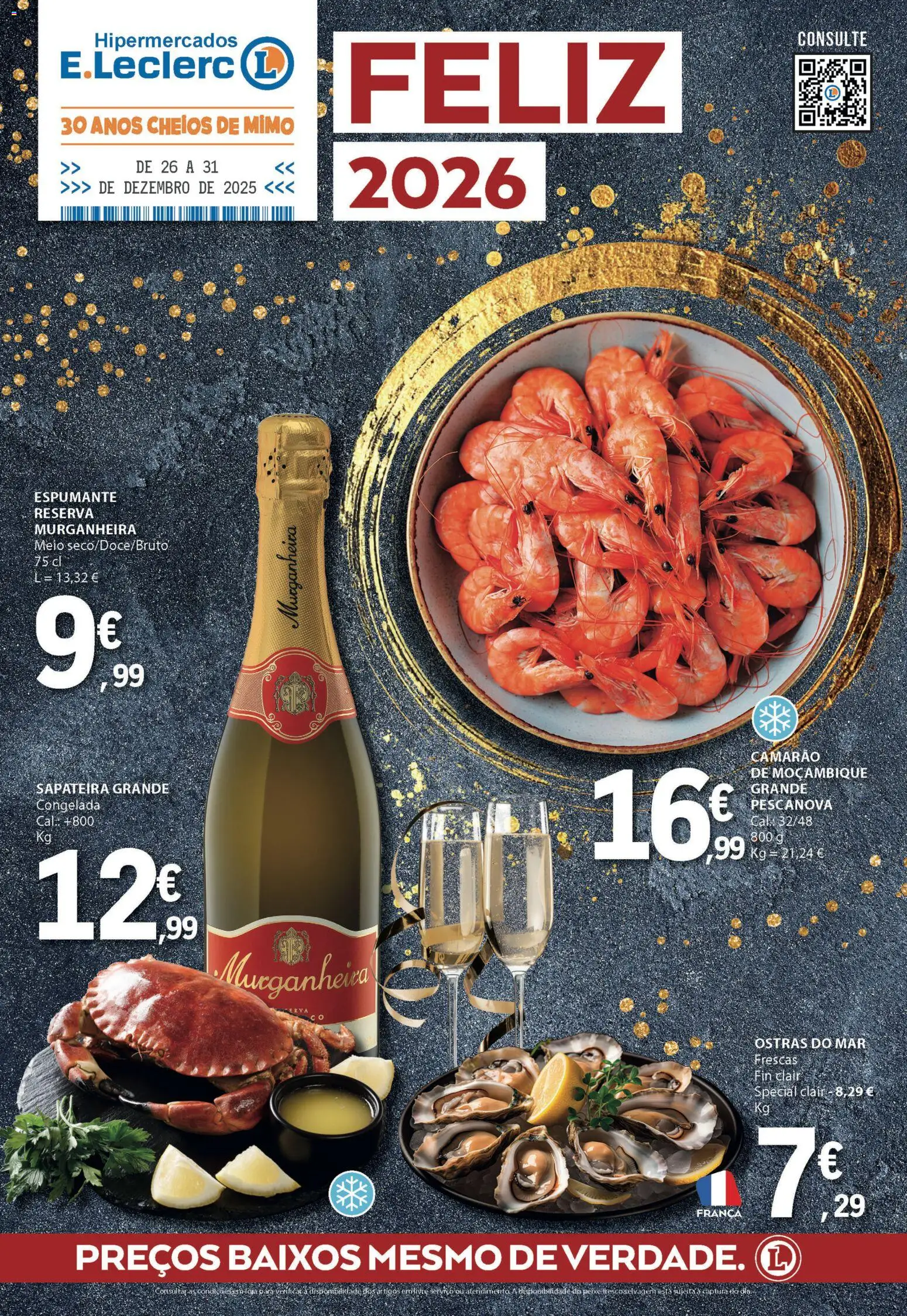 E.Leclerc Feliz 2026 │ válido de 26.12.2025 | Página: 1 | Produtos: Espumante, Ostras, Camarão, Sapateira