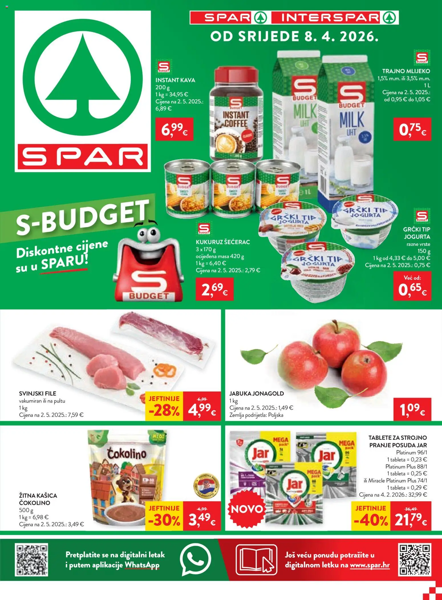 Spar katalog | vrijedi od 08.04.2026 | Stranica: 1 | Proizvodi: Mlijeko, Kava, Trajno mlijeko, Jabuka
