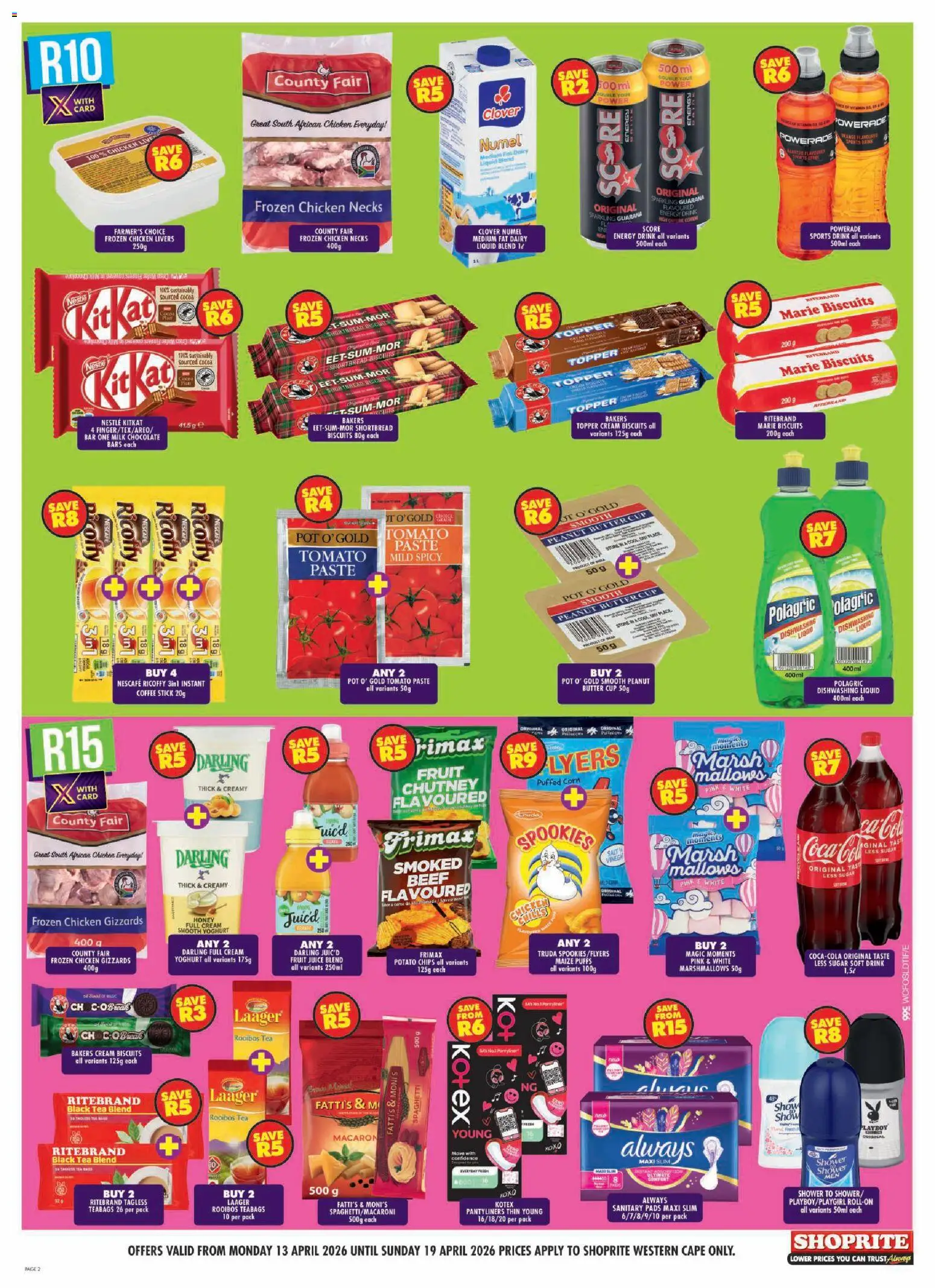 New Shoprite catalogue – valid from 13.04.2026 | Page: 2 | Products: Yoghurt, Shower, Chicken, Estuche organizador de viaje