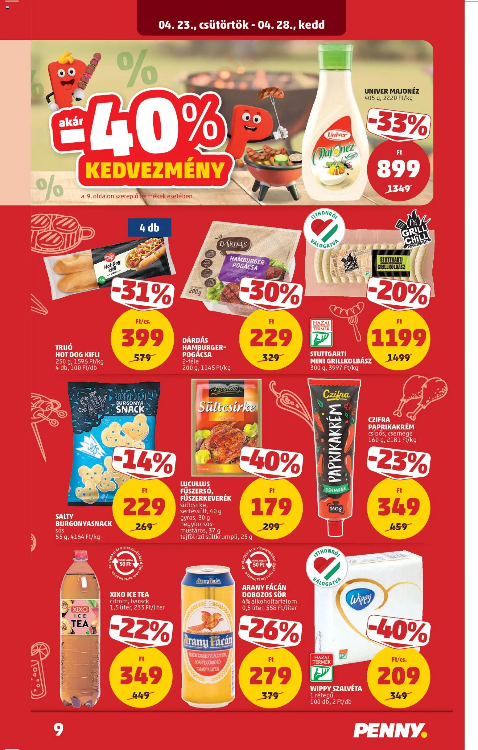 PENNY akciós ujság - amely érvényes a következő dátumtól: 23.04.2026 | Oldal: 11 | Termékek: Hamburger, Dobozos sör, Tejföl, Majonéz