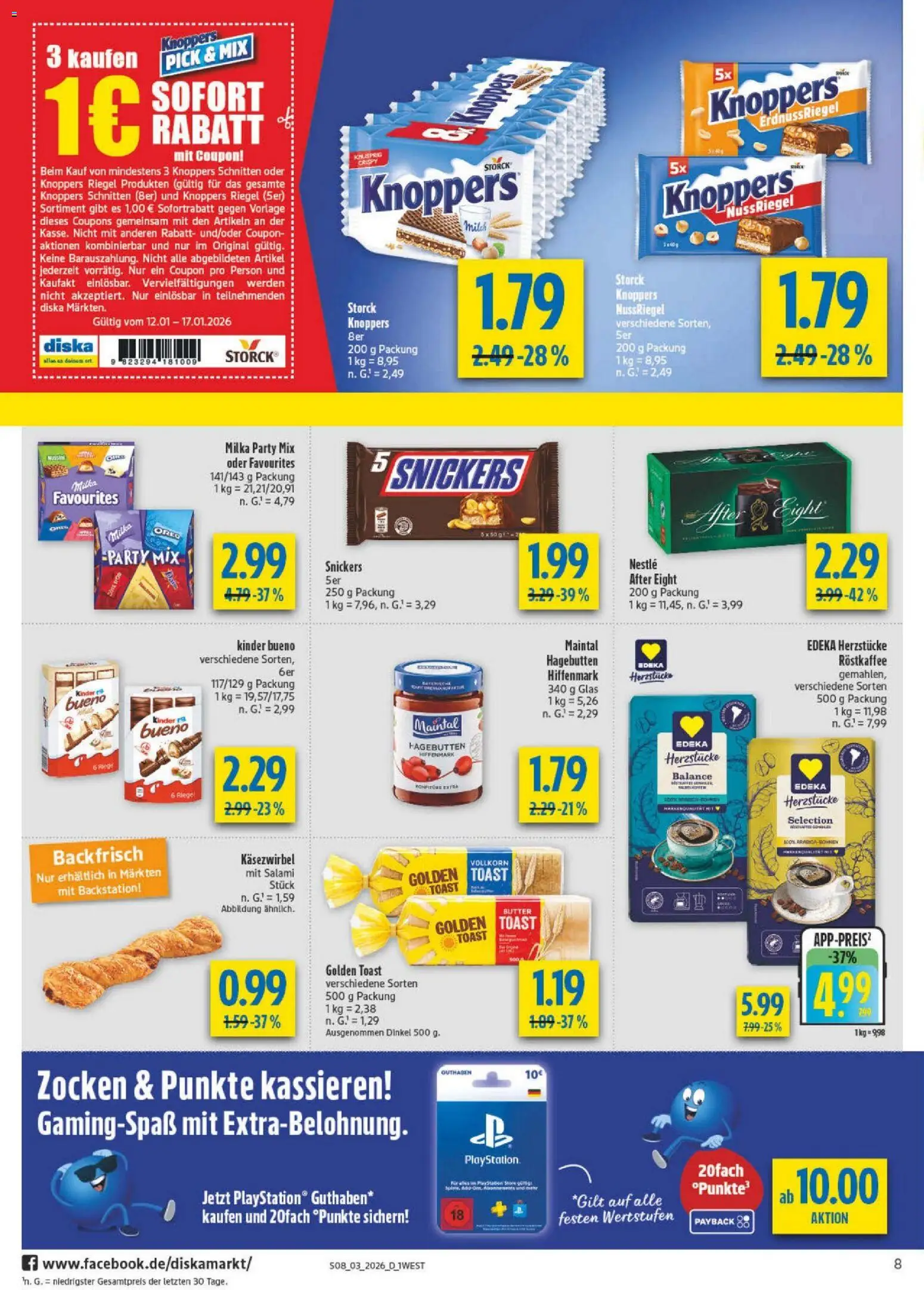 Diska - Diska Angebote Bayern KW03 – gültig ab 12.01.2026 | Seite: 8 | Produkte: Milch, Toast, Snickers, Knoppers