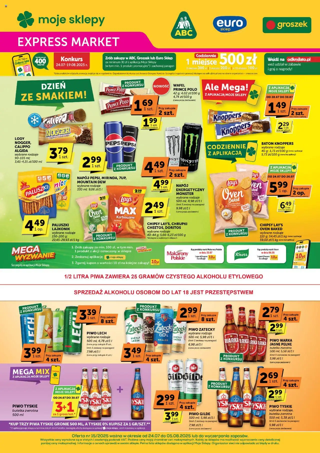 Euro Sklep Gazetka - Expressmarket od 24.07.2025 | Strona: 1 | Produkty: Chrupki, Leżak, Baton, Piwo
