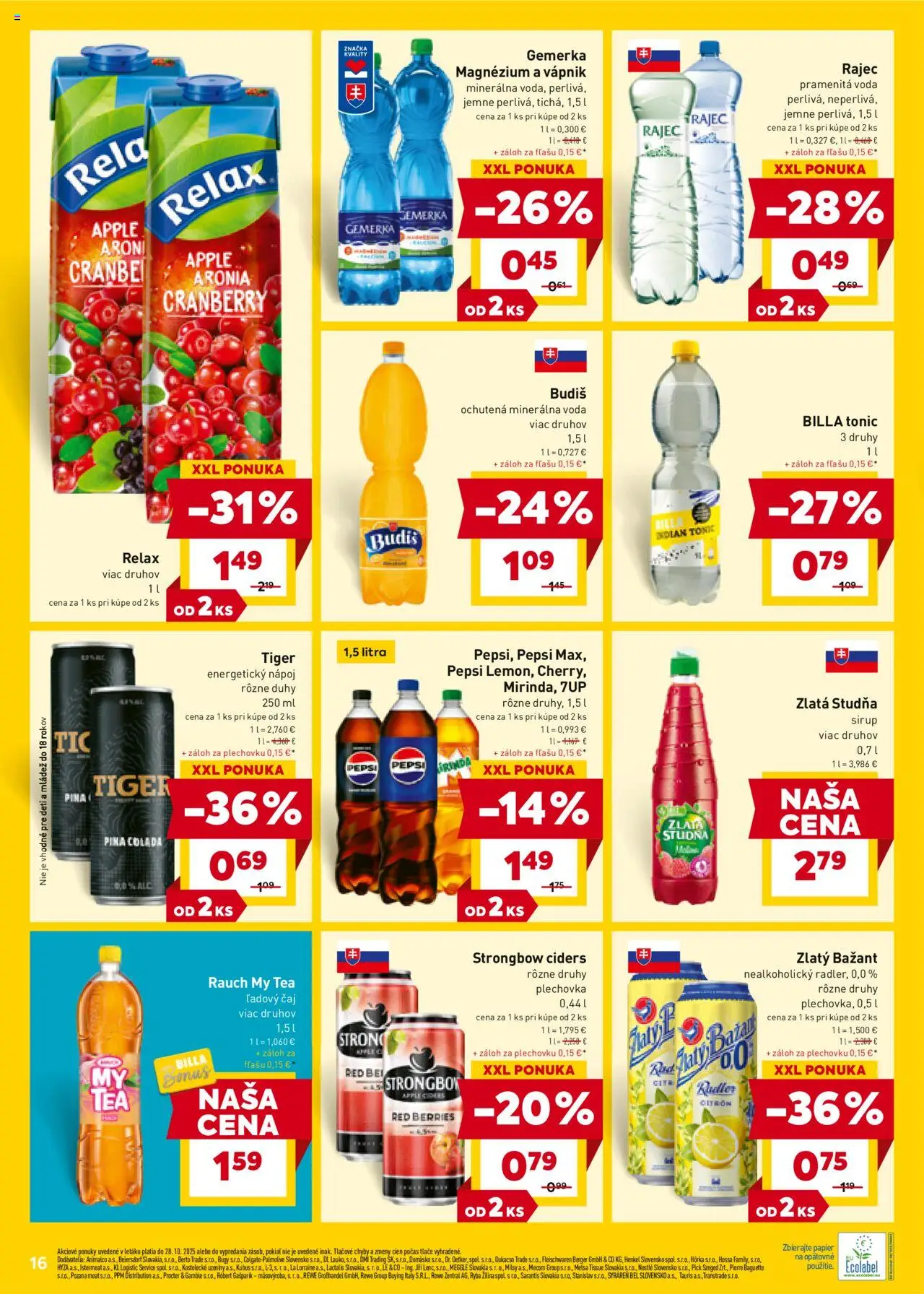 Nové Billa akcie – leták je platný od 22.10.2025 | Strana: 16 | Produkty: Rajec, Zlatý Bažant, Strongbow, Energetický nápoj