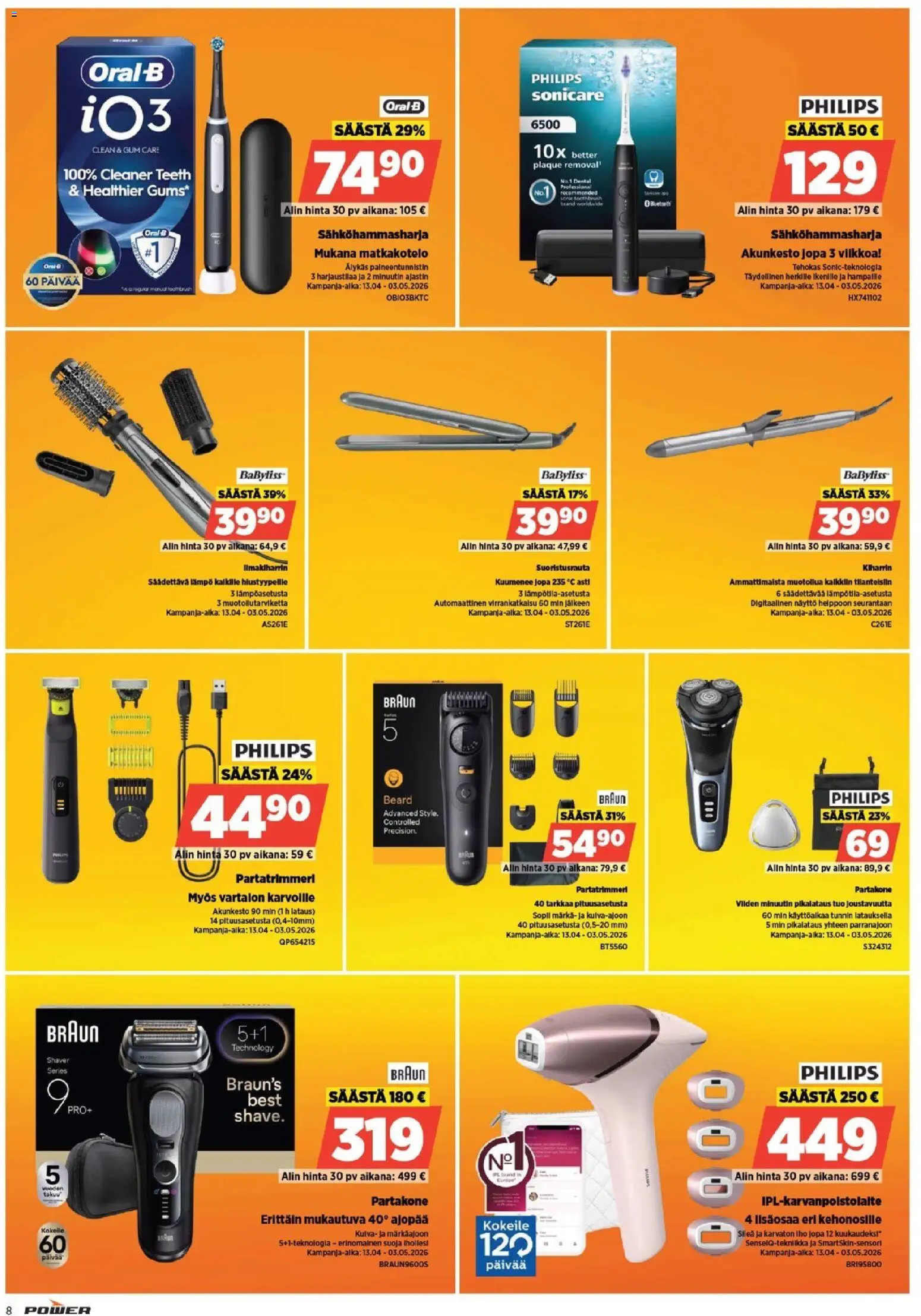 Power tarjoukset – voimassa 13.04.2026 alkaen | Sivu: 8 | Tuotteet: Sähköhammasharja, Partakone, Näyttö
