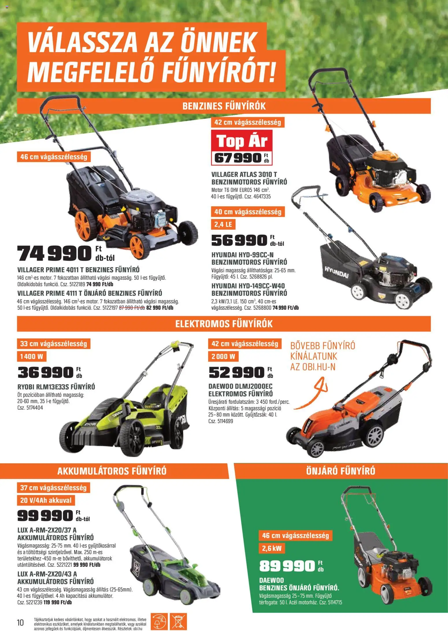 OBI akciós ujság - amely érvényes a következő dátumtól: 31.03.2026 | Oldal: 10 | Termékek: Akkumulátoros fűnyíró, Fűnyíró, Elektromos fűnyíró, Benzines fűnyíró