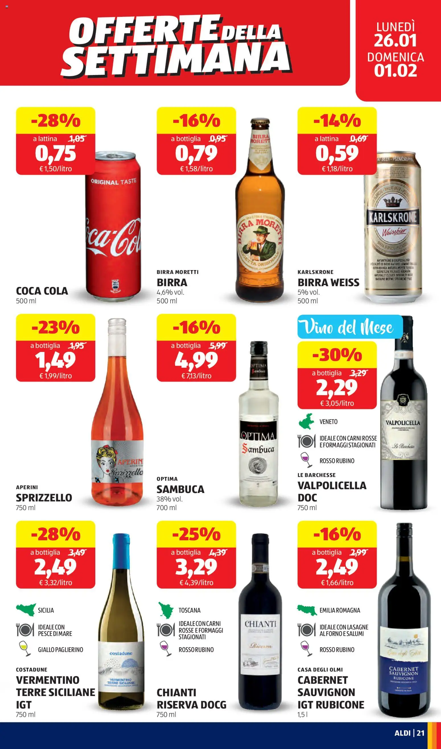 Volantino Aldi del 26.01.2026 | Pagina: 21 | Prodotti: Birra, Pesce, Vino, Coca Cola