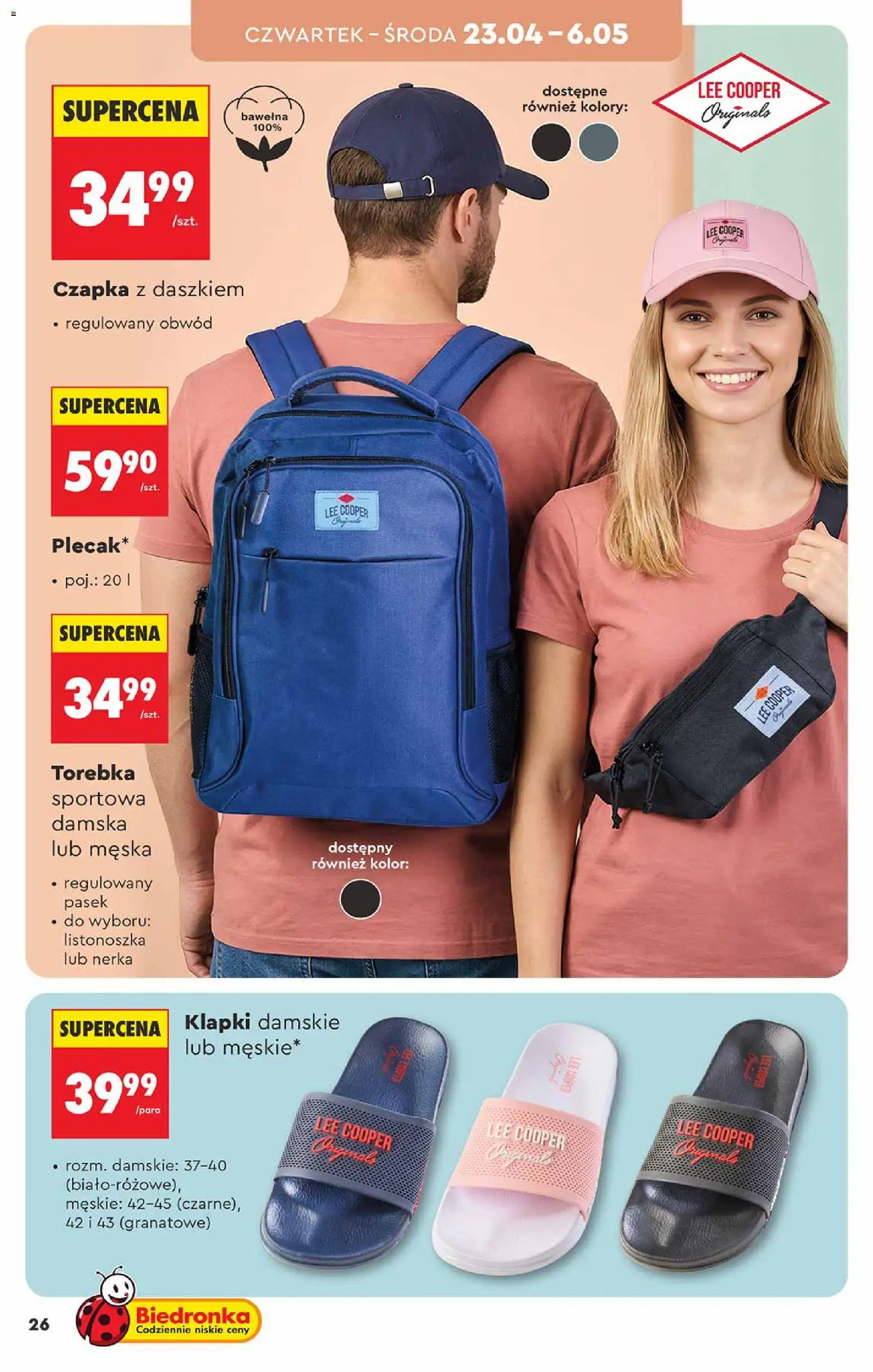 Biedronka gazetka - Hity i inspiracje od 18.04.2026 | Strona: 26 | Produkty: Klapki, Czapka, Pasek, Klapki damskie