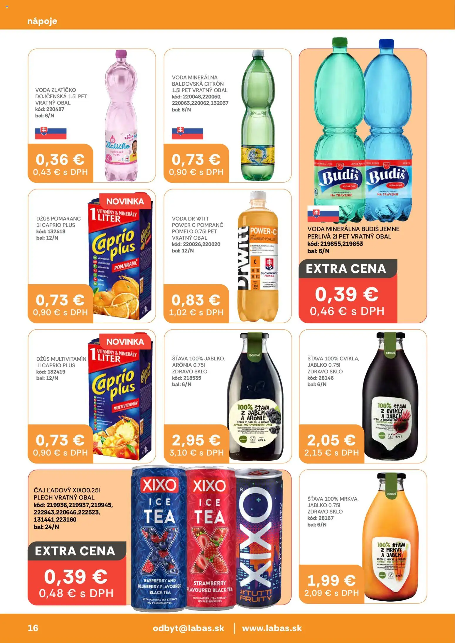 Nové Labaš akcie – leták je platný od 30.01.2026 | Strana: 16 | Produkty: Džús, Budiš, Voda, Baldovská