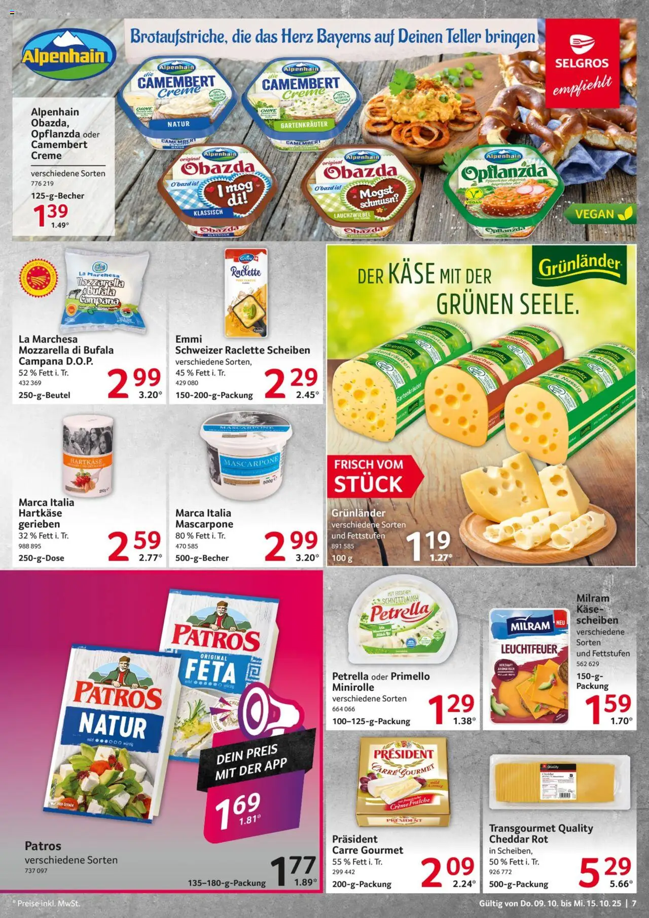 Selgros Prospekt 	 – gültig ab 09.10.2025 | Seite: 7 | Produkte: Käse, Mascarpone, Grunlander, Raclette
