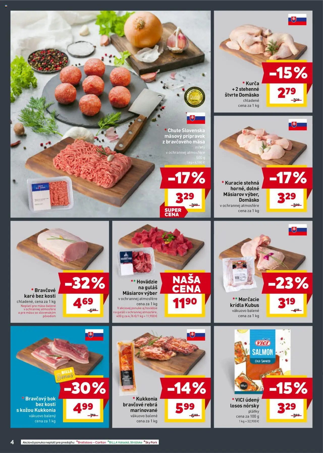 Billa leták │ platný od 16.07.2025 | Strana: 4 | Produkty: Kuracie stehná, Losos, Kurča, Bravčové karé