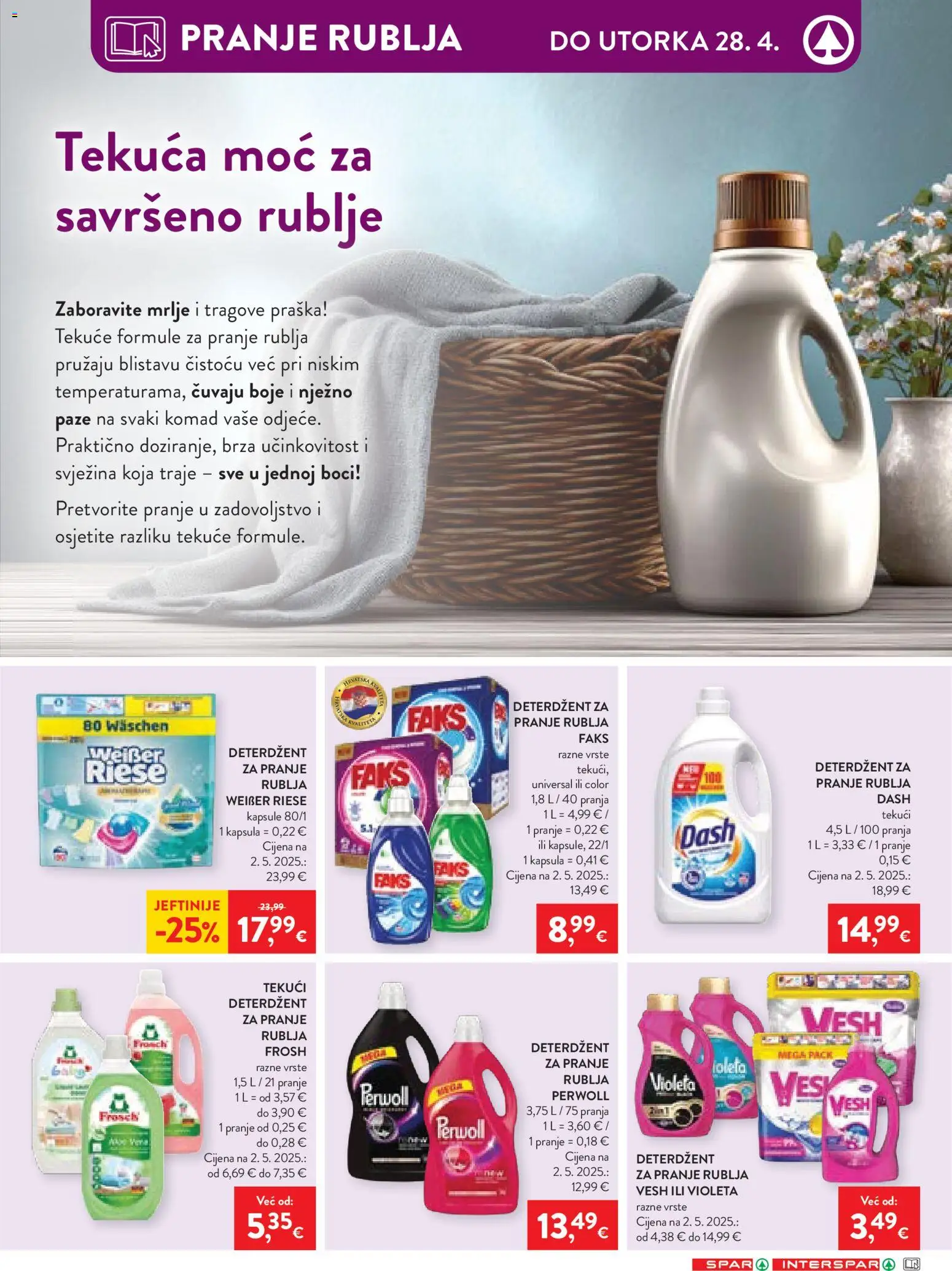 Spar katalog | vrijedi od 22.04.2026 | Stranica: 18 | Proizvodi: Tekući deterdžent, Violeta, Perwoll, Dash