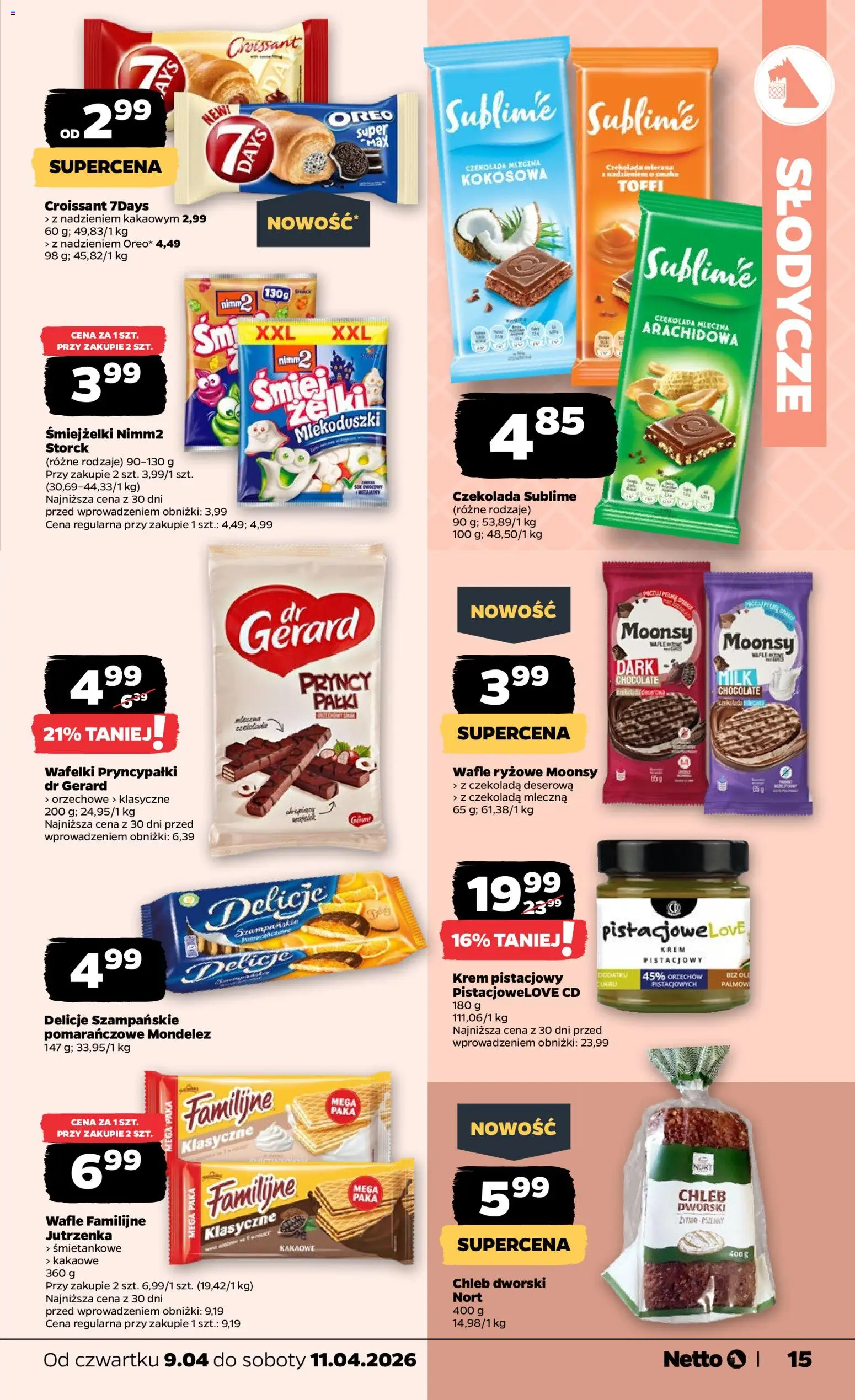 Netto gazetka od czwartku spożywcza od 09.04.2026 | Strona: 15 | Produkty: Słodycze, Wafle ryżowe, Wafelki PryncyPałki, Czekolada