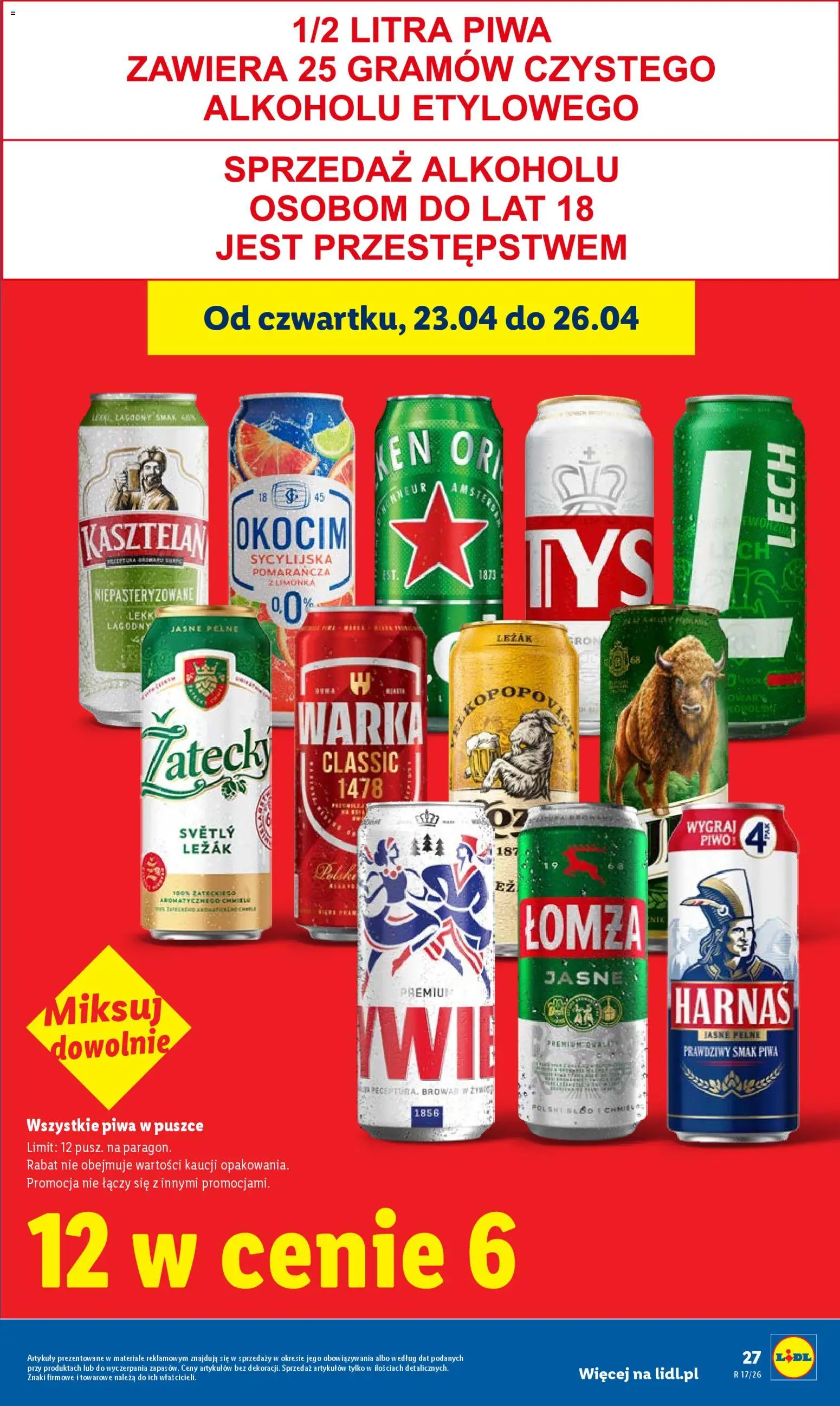 Lidl gazetka od 23.04.2026 | Strona: 27 | Produkty: Leżak, Warka, Harnaś, Piwo