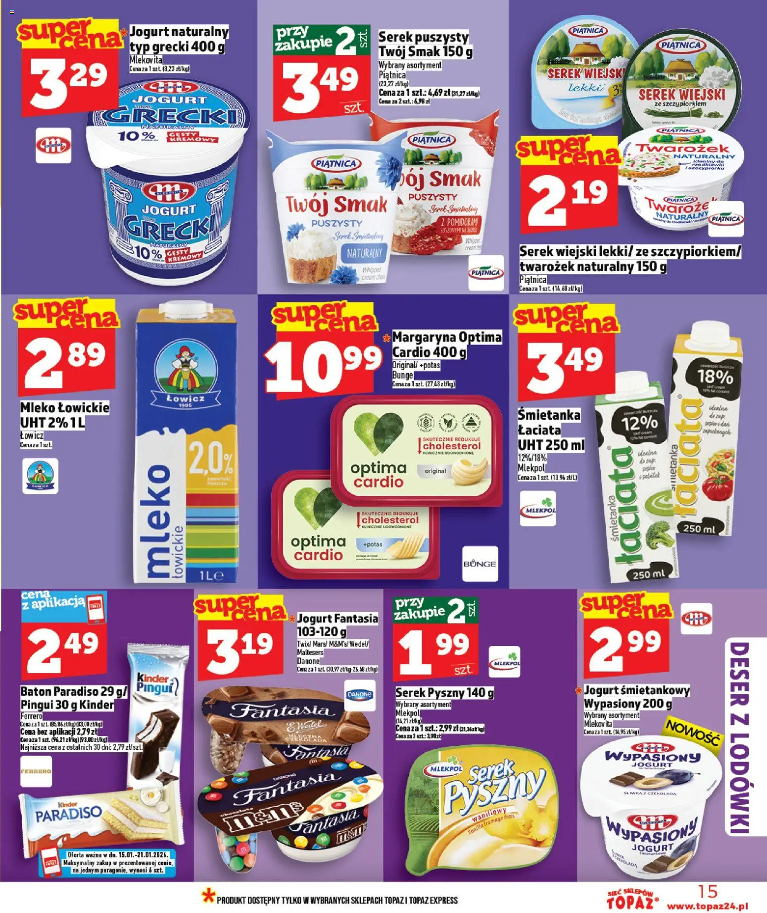 Topaz Gazetka od 15.01.2026 | Strona: 15 | Produkty: Jogurt grecki, Optima cardio, Baton, Czekolada