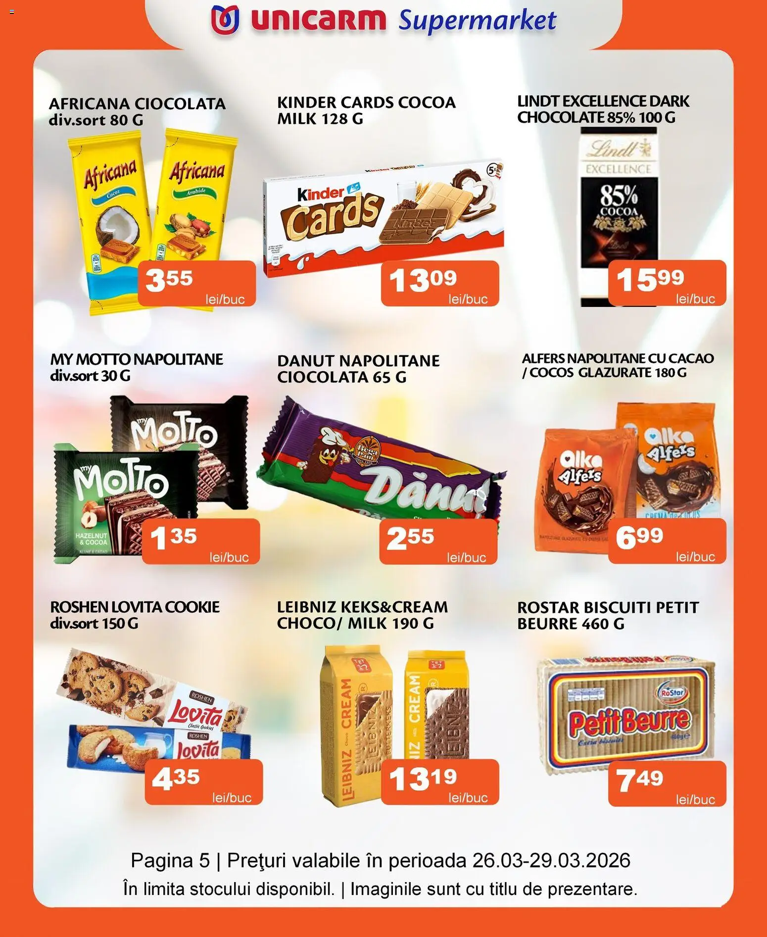 Noul catalog Unicarm – valabil de la 26.03.2026 | Pagină: 5 | Produse: Napolitane, Ciocolată, Cacao, Biscuiți