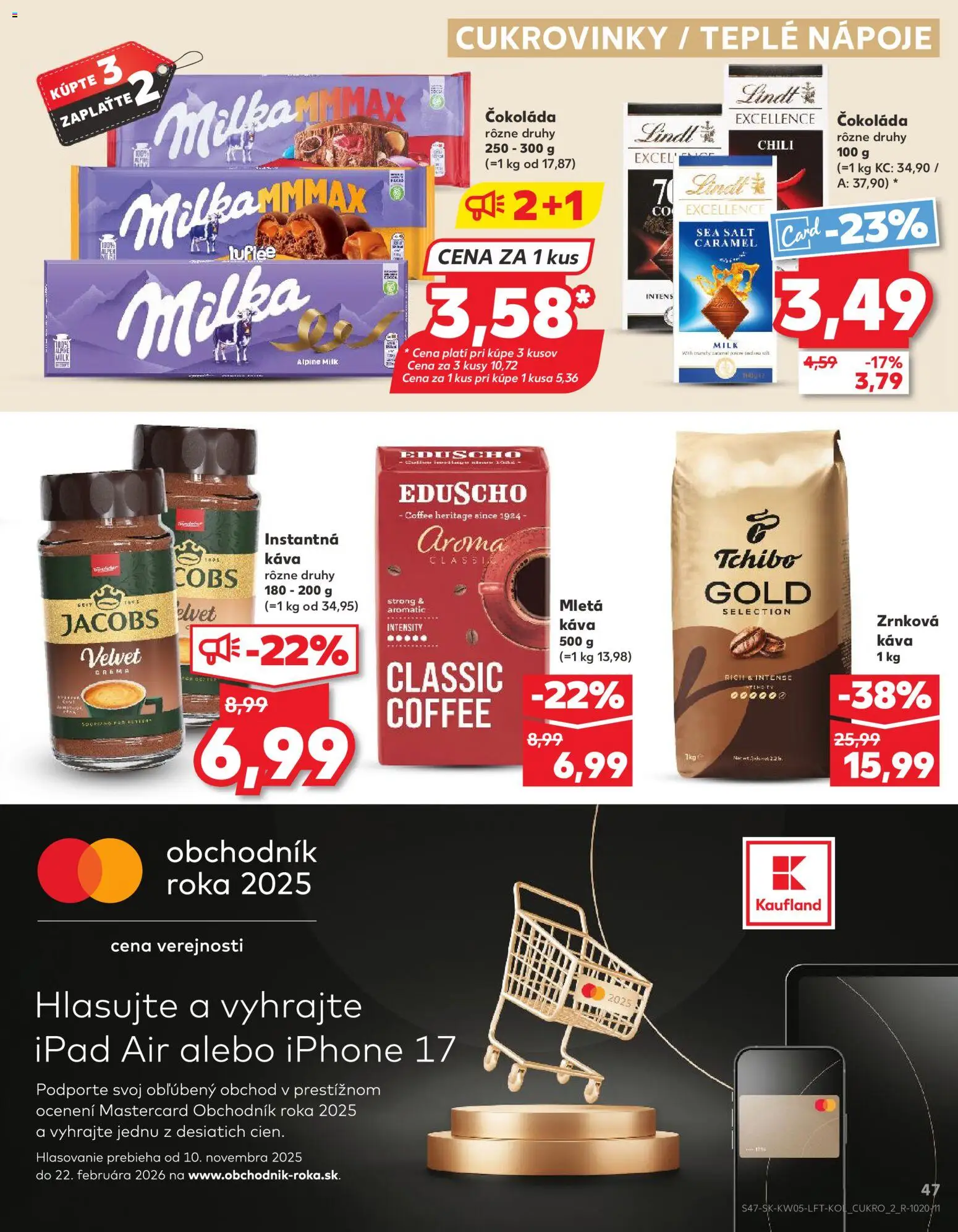 Nové Kaufland akcie – leták je platný od 29.01.2026 | Strana: 47 | Produkty: Jacobs Velvet, Iphone, Milka, Zrnková káva