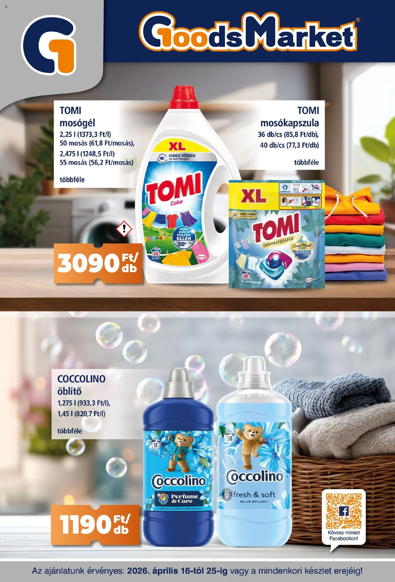 Goods Market akciós ujság - amely érvényes a következő dátumtól: 16.04.2026 | Oldal: 1 | Termékek: Coccolino, Mosógél, Mosókapszula, Öblítő