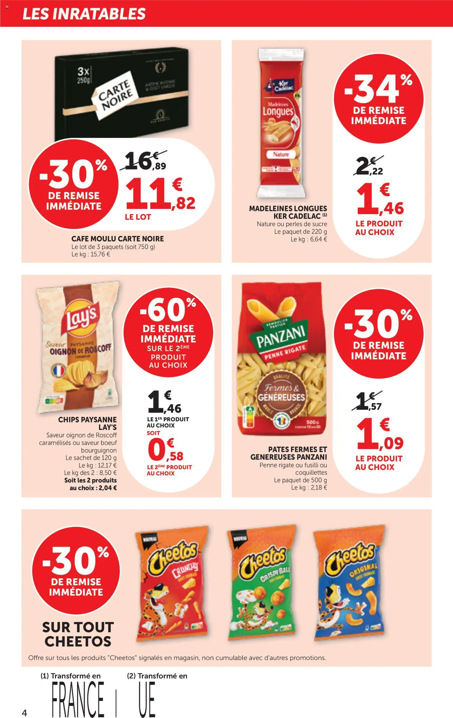 {H1} | Page: 4 | Produits: Café moulu, Coquillettes, Pâtes, Chips