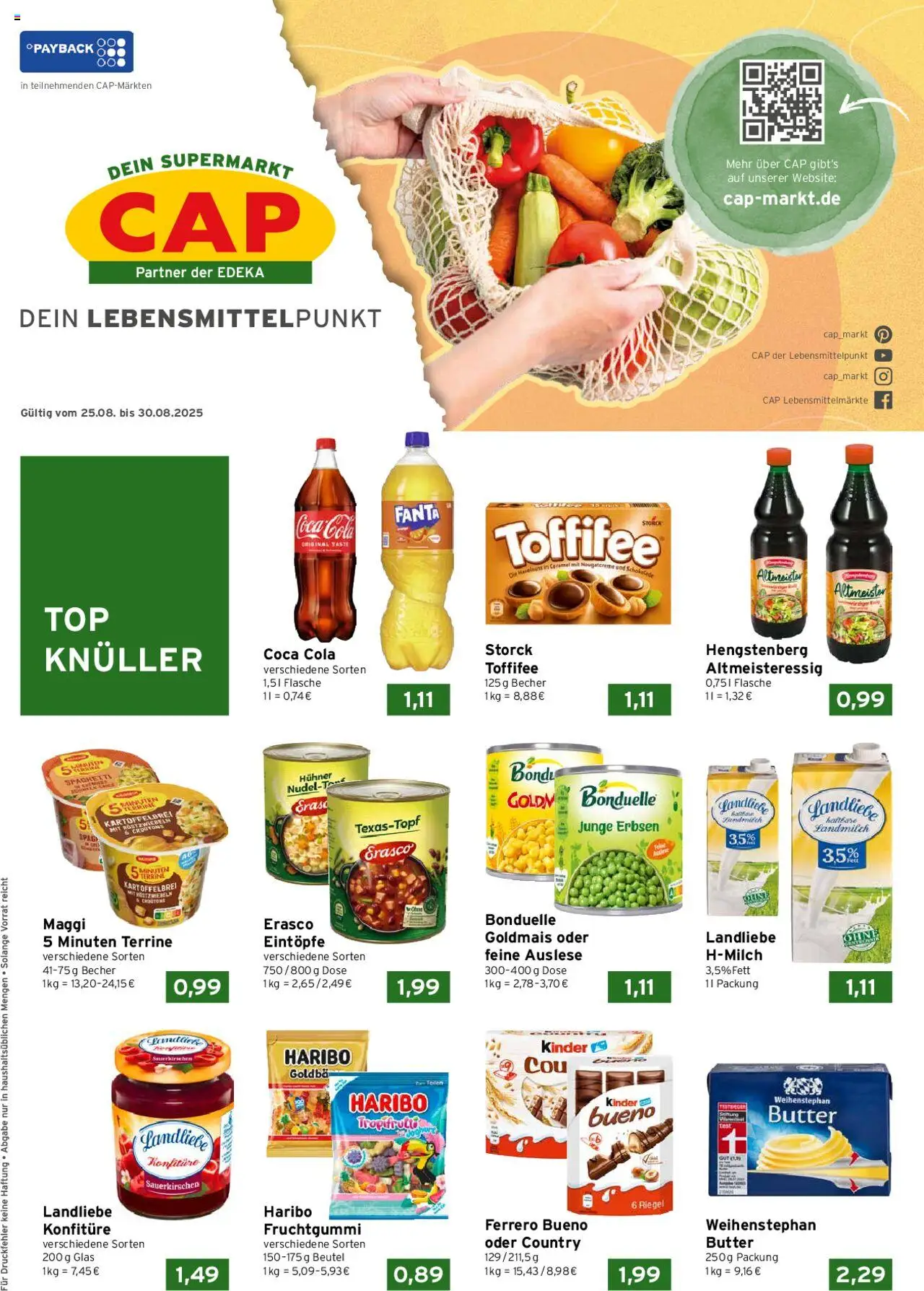 CAP Markt Prospekt 	 - gültig ab dem 25.08.2025 | Seite: 1 | Produkte: Coca cola, Fanta, Toffifee, Erbsen