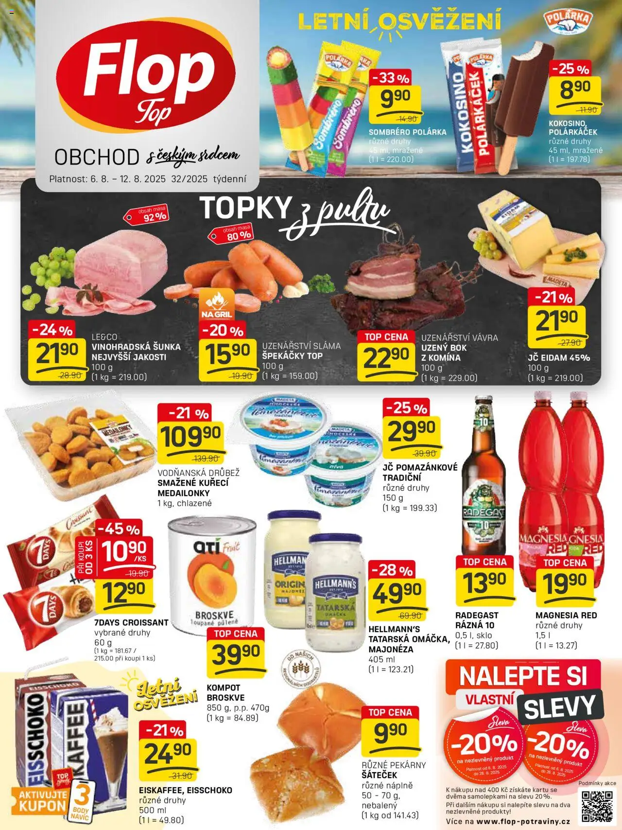 Flop leták - FlopTop od 06.08.2025 | Strana: 1 | Produkty: Kompot, Broskve, Radegast, Majonéza