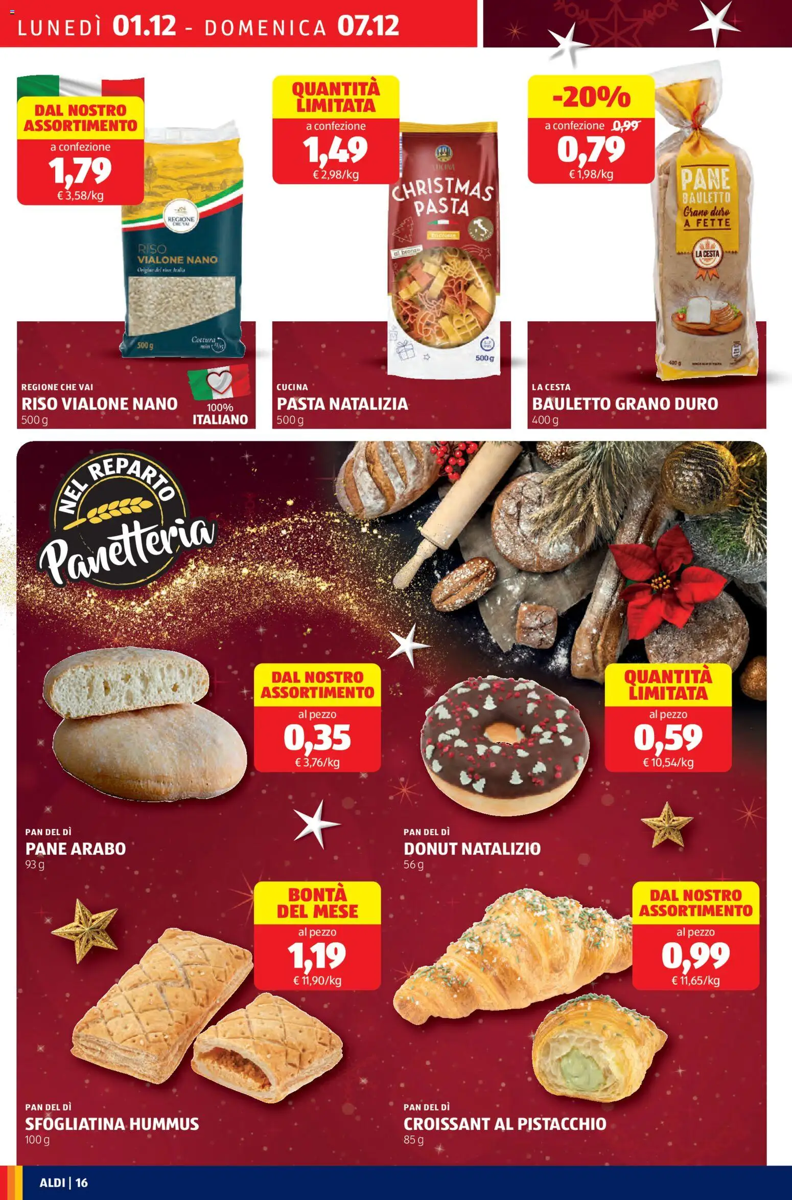 Volantino Aldi del 01.12.2025 | Pagina: 16 | Prodotti: Riso, Pasta, Hummus, Croissant