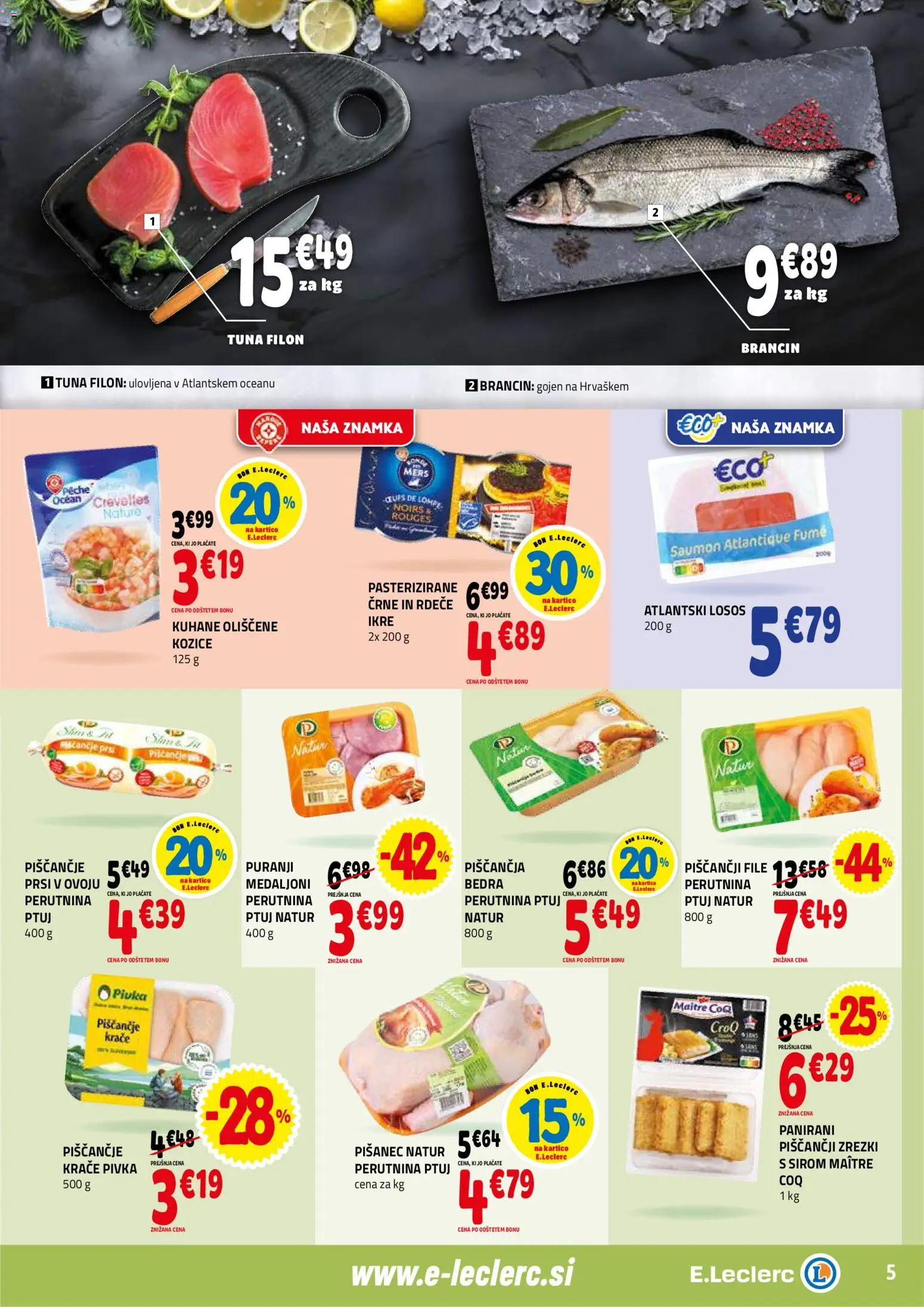 Novi E.leclerc katalog ponudbe – veljaven od 14.01.2026 | Stran: 5 | Izdelki: Kozice, Tuna, Losos, Zrezki