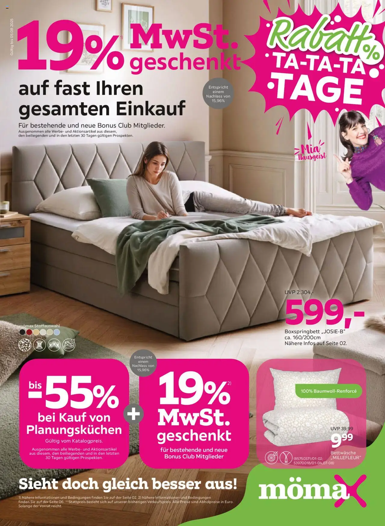 Mömax Prospekt 	 - gültig ab dem 28.07.2025 | Seite: 1 | Produkte: Boxspringbett, Bettwäsche