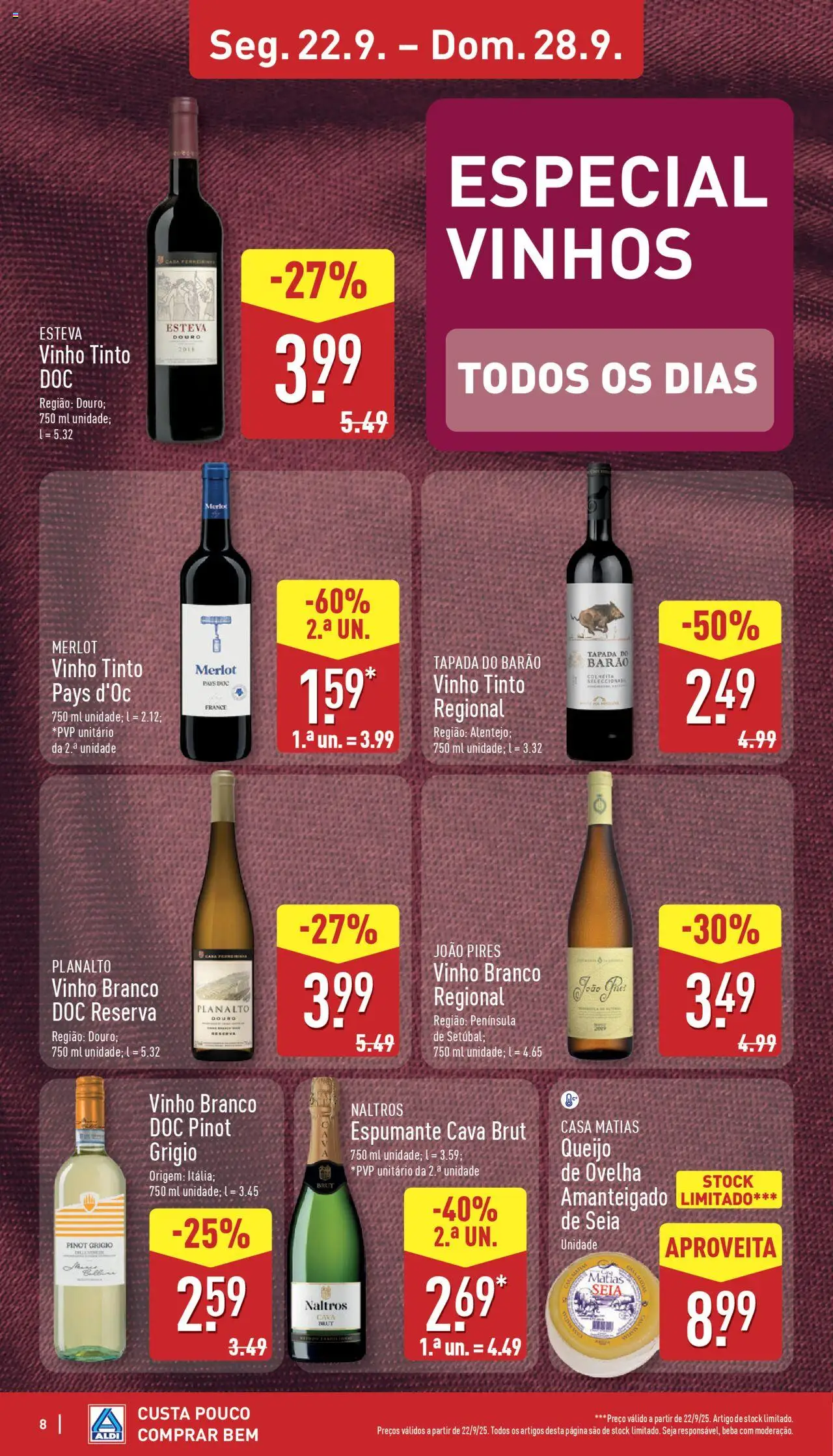 Aldi folheto │ válido de 22.09.2025 | Página: 8 | Produtos: Espumante, Queijo, Vinho, Vinho tinto