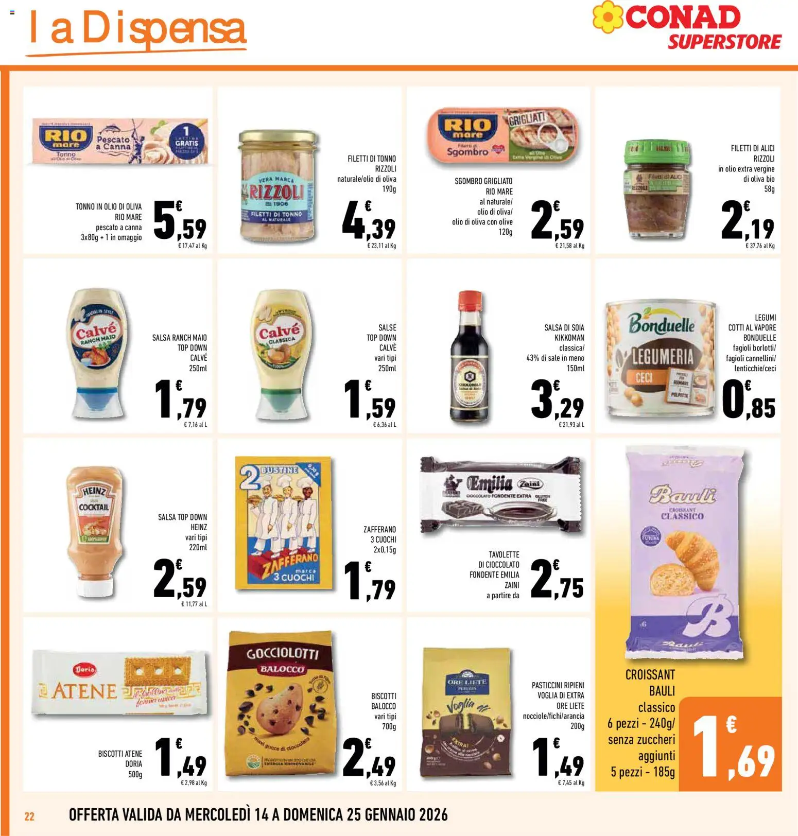 Volantino Conad del 14.01.2026 | Pagina: 22 | Prodotti: Cioccolato, Biscotti, Olive, Sgombro