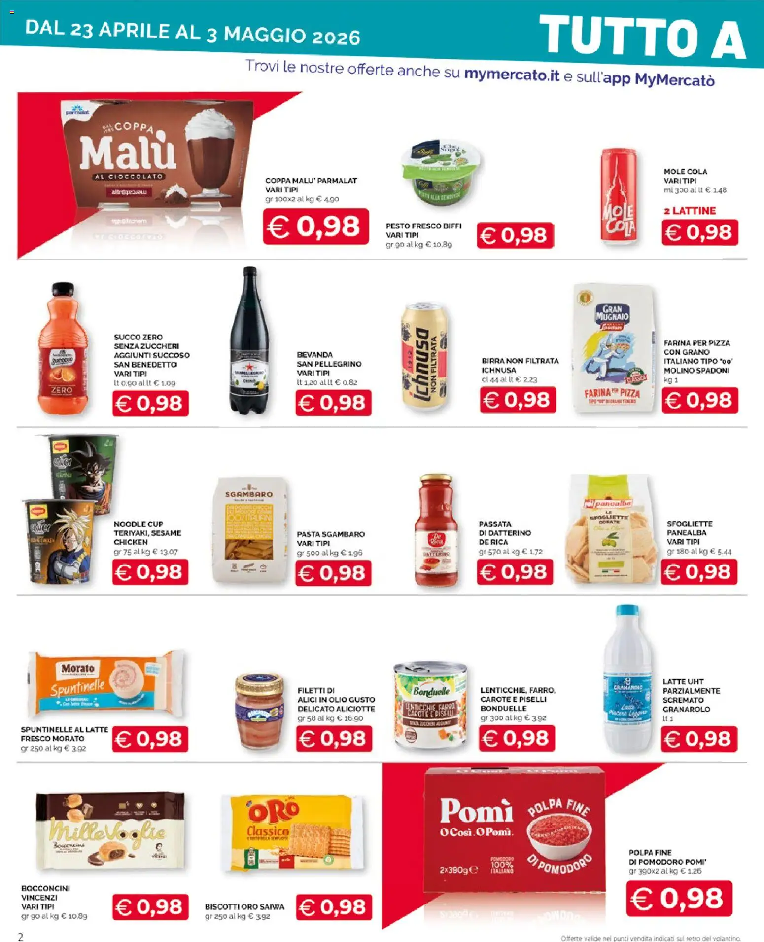 Volantino Mercatò del 23.04.2026 | Pagina: 2 | Prodotti: Biscotti, Pomodoro, Olio, Alici