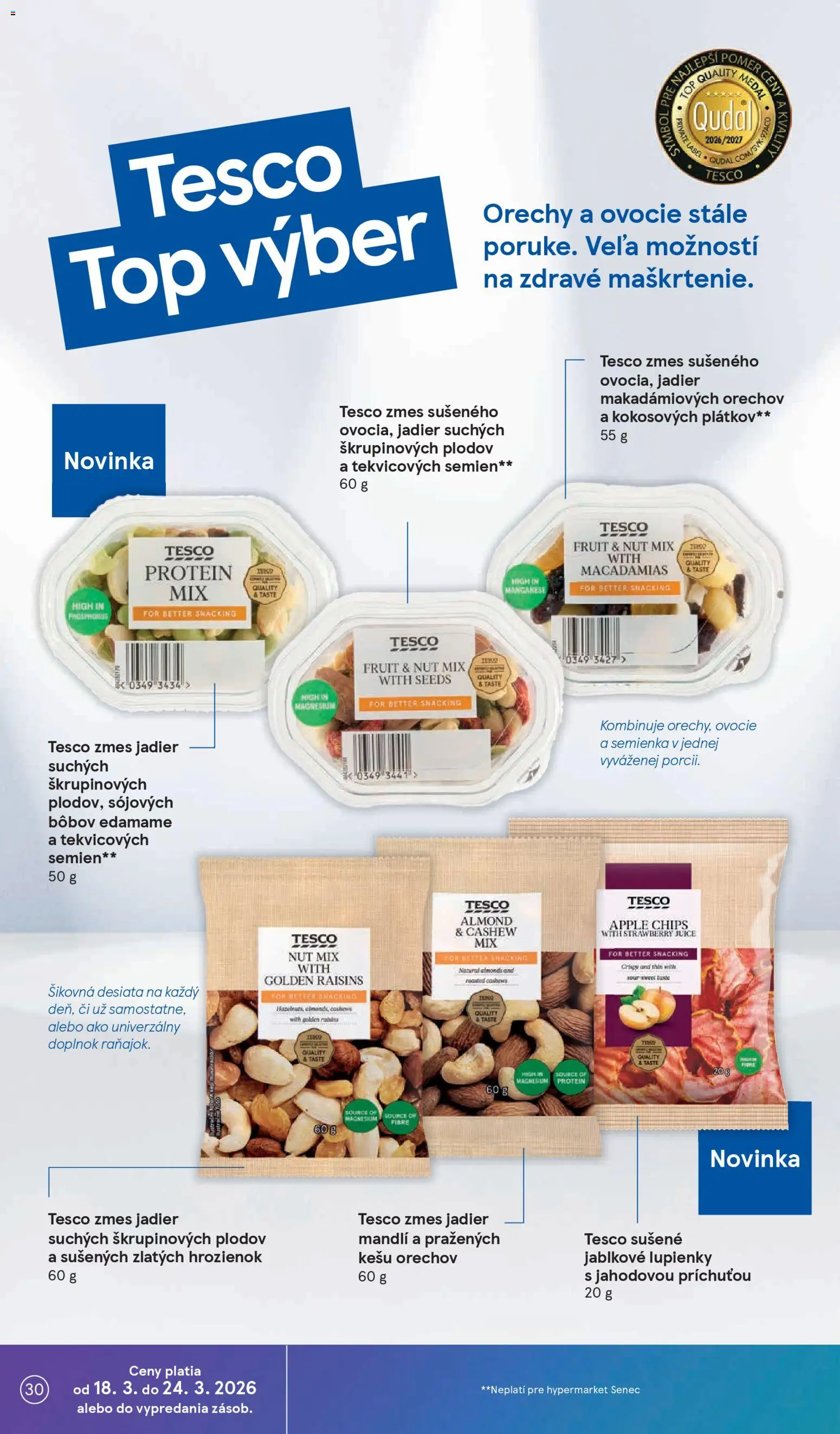 Nové Tesco akcie – leták je platný od 18.03.2026 | Strana: 30 | Produkty: Protein, Apple, Orechy, Ovocie