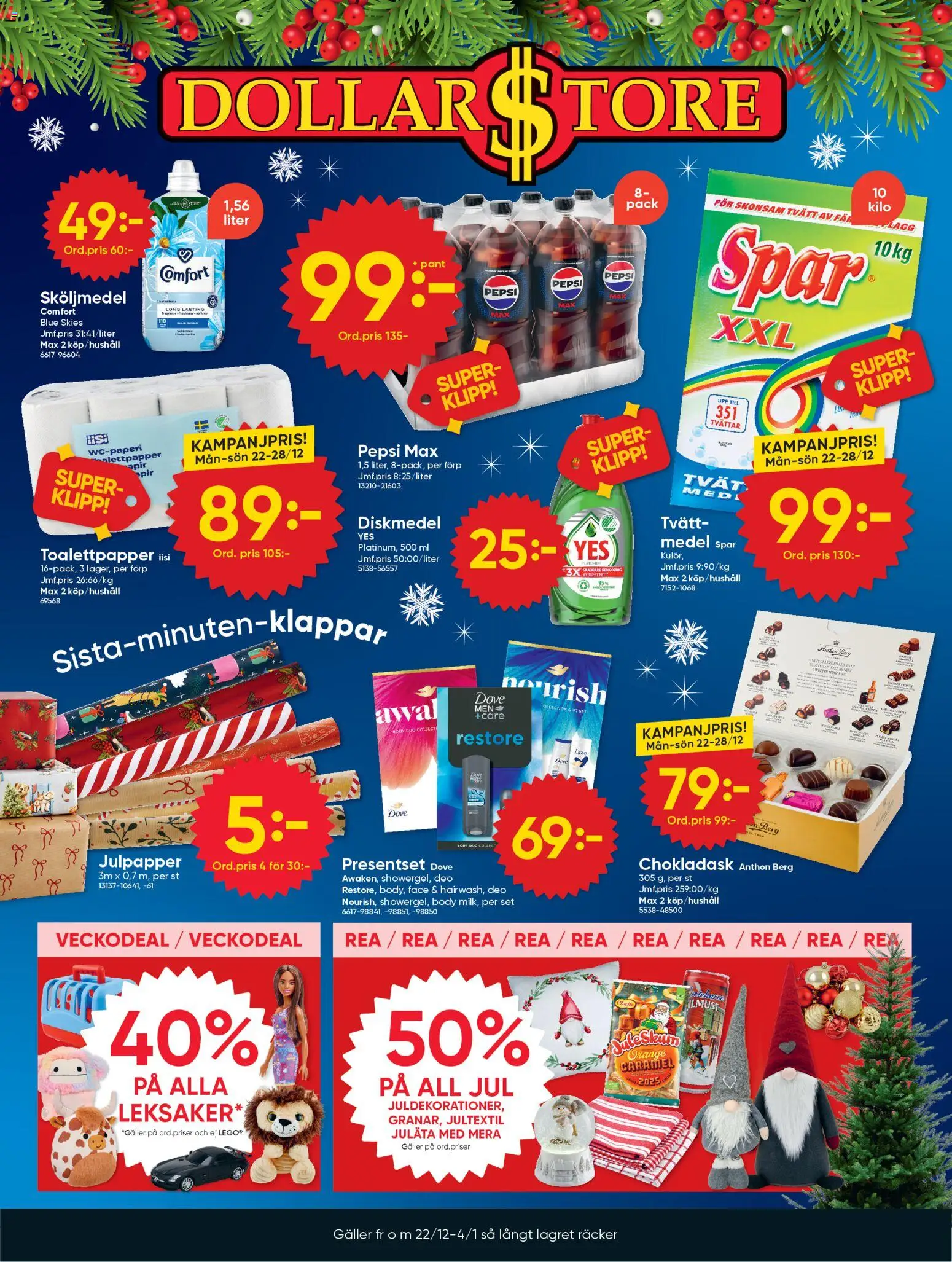 Dollar Store reklamblad aktuell från 22.12.2025 | Sida: 1 | Produkter: Sköljmedel, Diskmedel, Toalettpapper, Pepsi