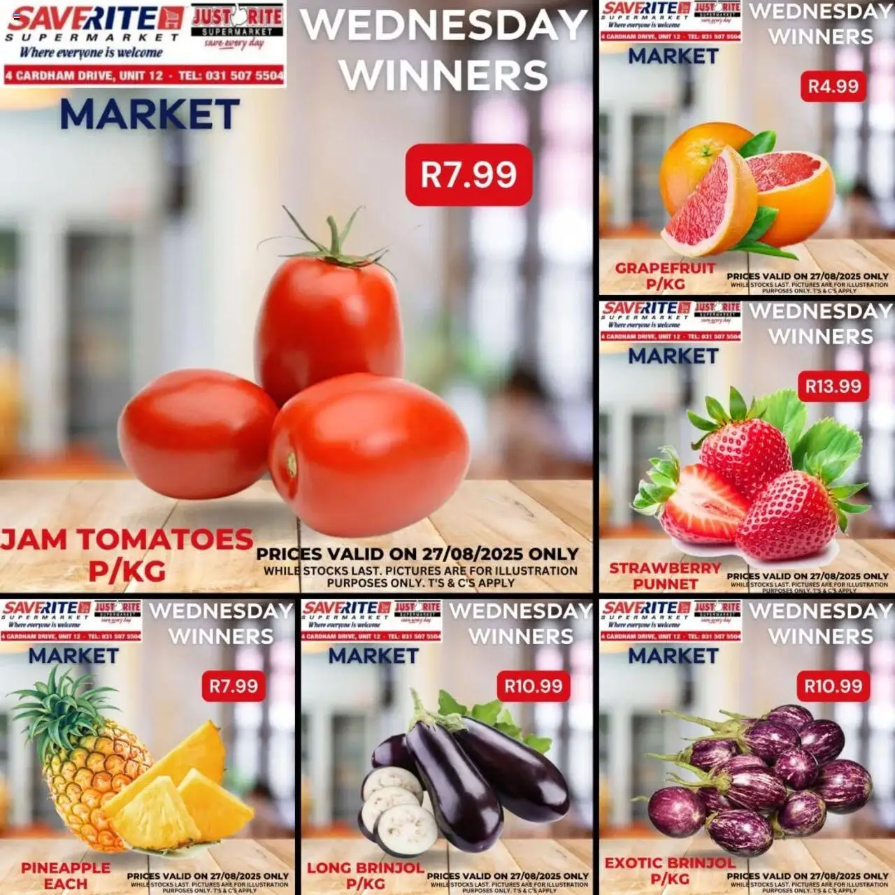 Saverite Wednesday Winners │ valid from 27.08.2025 | Page: 1 | Products: Jam, Tomatoes, Pineapple, Grapefruit