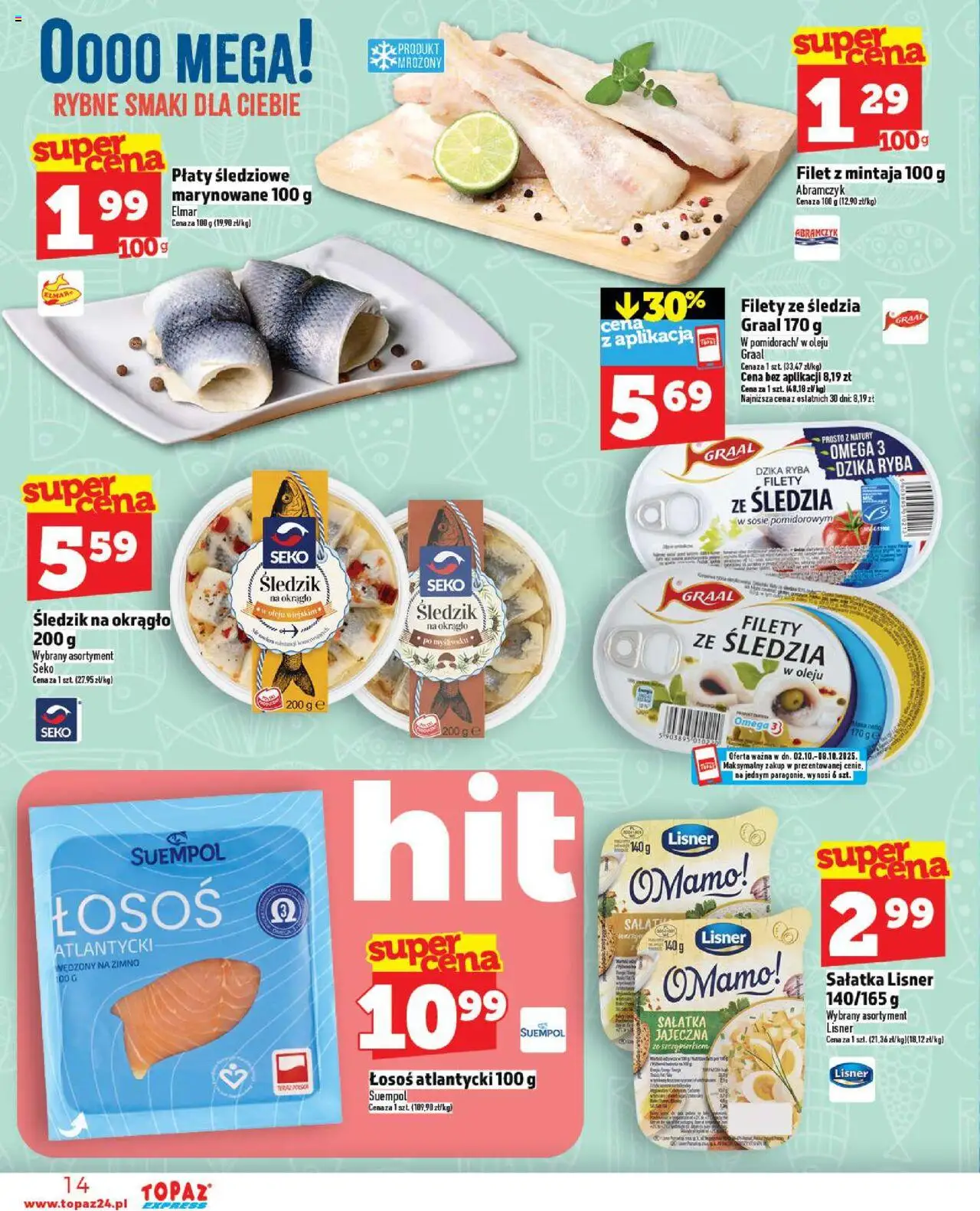 Topaz Gazetka - Express od 02.10.2025 | Strona: 14 | Produkty: Łosoś atlantycki, Łosoś, Ryba, Sałatka