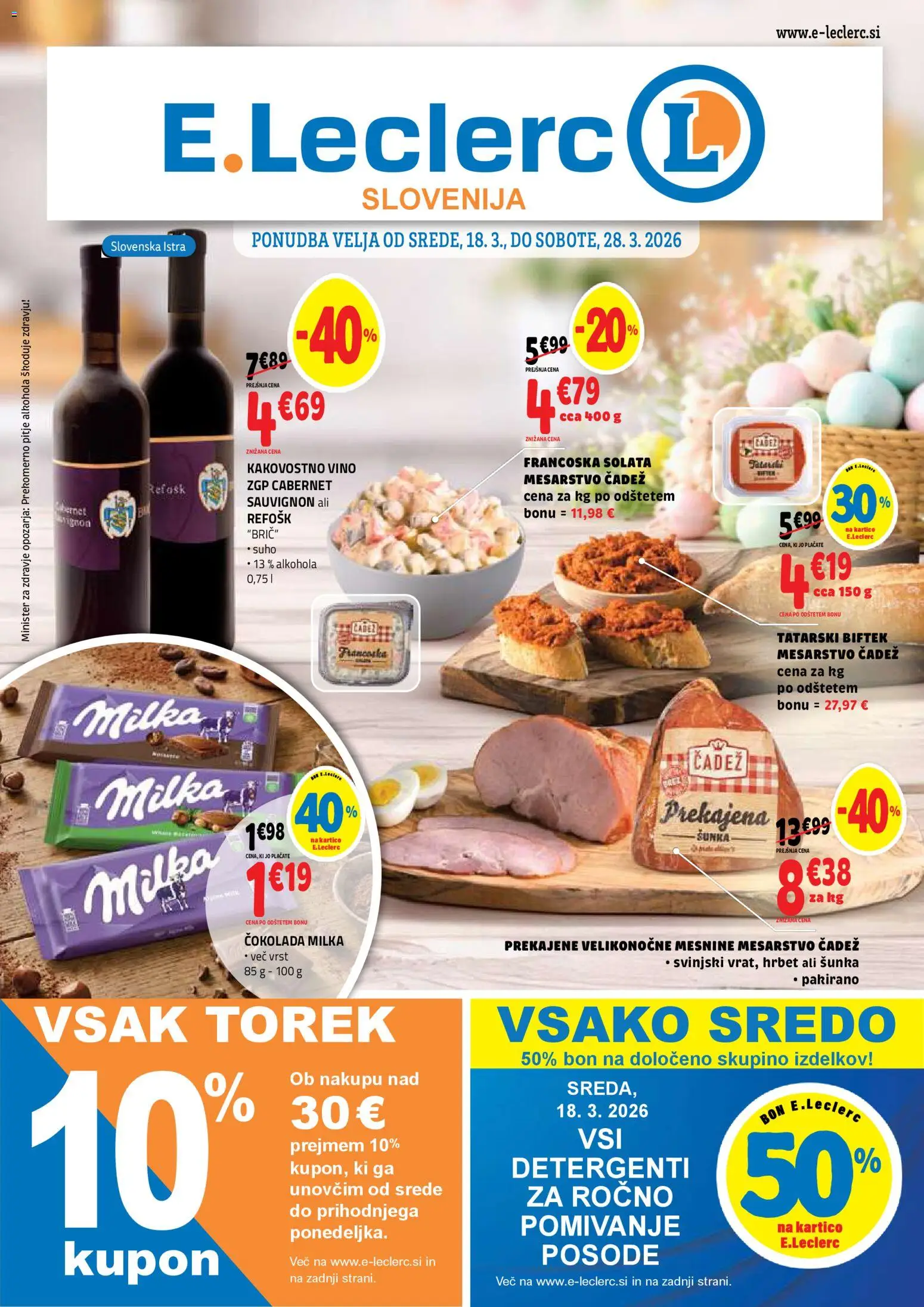 Novi E.leclerc katalog ponudbe – veljaven od 18.03.2026 | Stran: 1 | Izdelki: Cokolada, Sunka, Vino, Solata